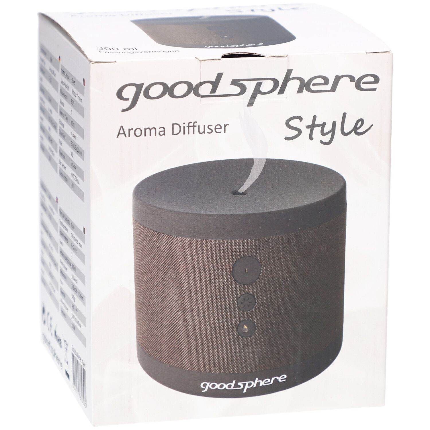 Diffuseur d'arômes dans une boîte. Sur la boîte : goodSphere, Style. Produit marron et gris. Dessus avec ouverture.