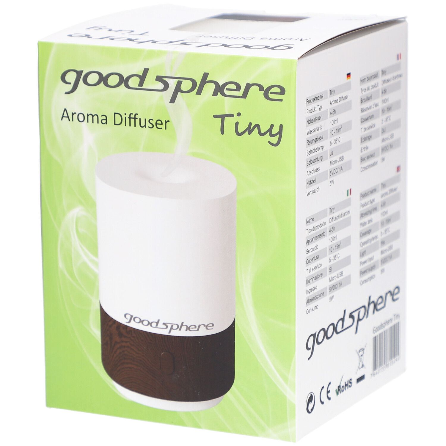 Aromavernebler Tiny, weiß-dunkelbraun, in Verpackung. Marke: goodsphere. Auf der Verpackung: Aroma Diffuser, Tiny.