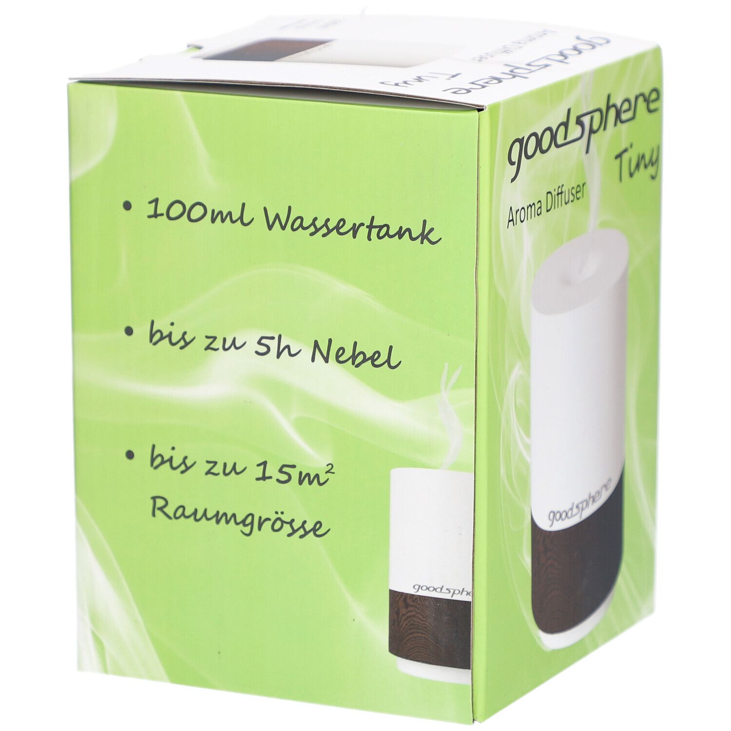 Verpackung des Aromaverneblers Tiny. Aufschrift: 100ml Wassertank, bis zu 5h Nebel, bis zu 15m² Raumgröße. Marke: goodsphere.
