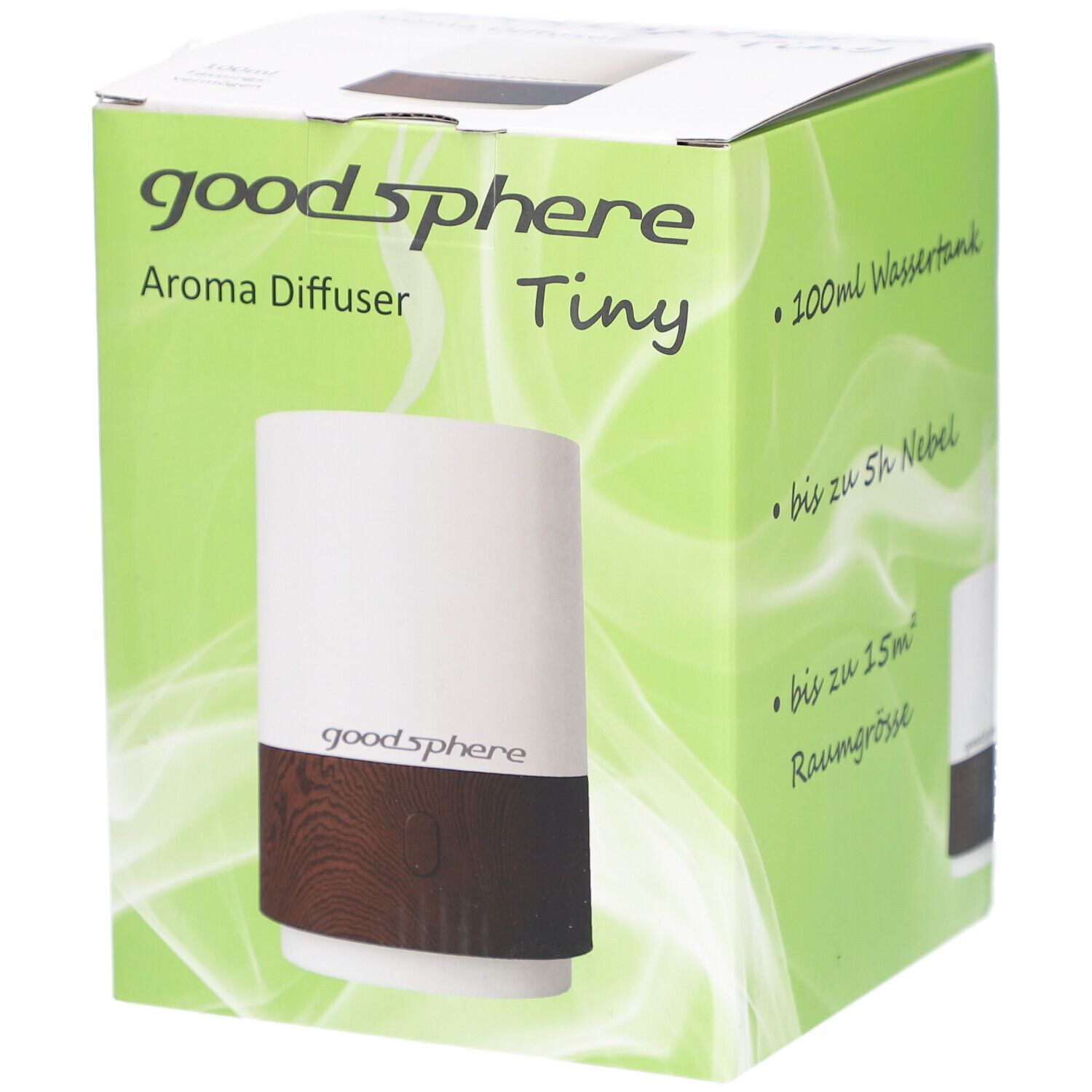 Verpackung des Aromaverneblers Tiny. Aufschrift: 100ml Wassertank, bis zu 5h Nebel, bis zu 15m² Raumgröße. Marke: goodsphere.