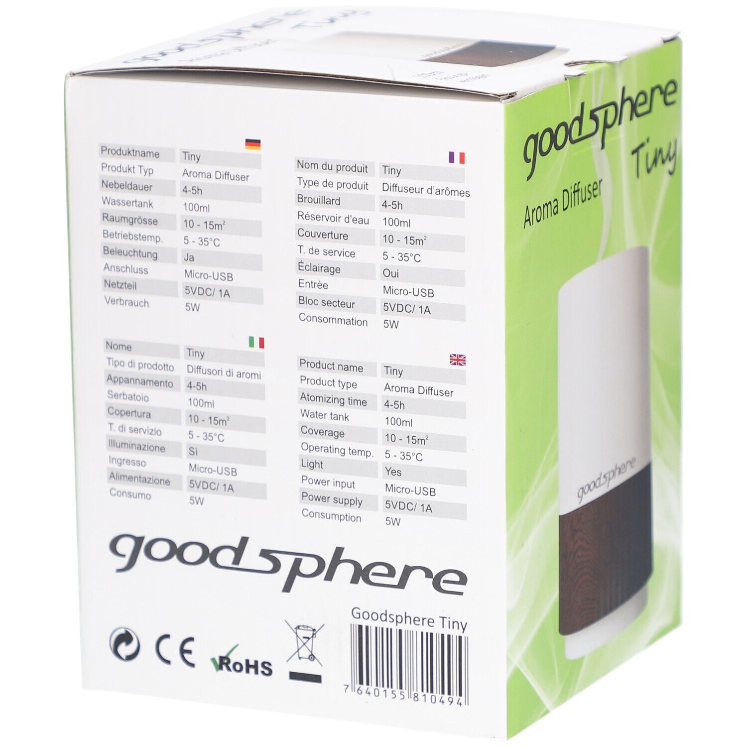 Rückseite der Verpackung des Aromaverneblers Tiny. Technische Daten und Informationen in mehreren Sprachen. Marke: goodsphere.