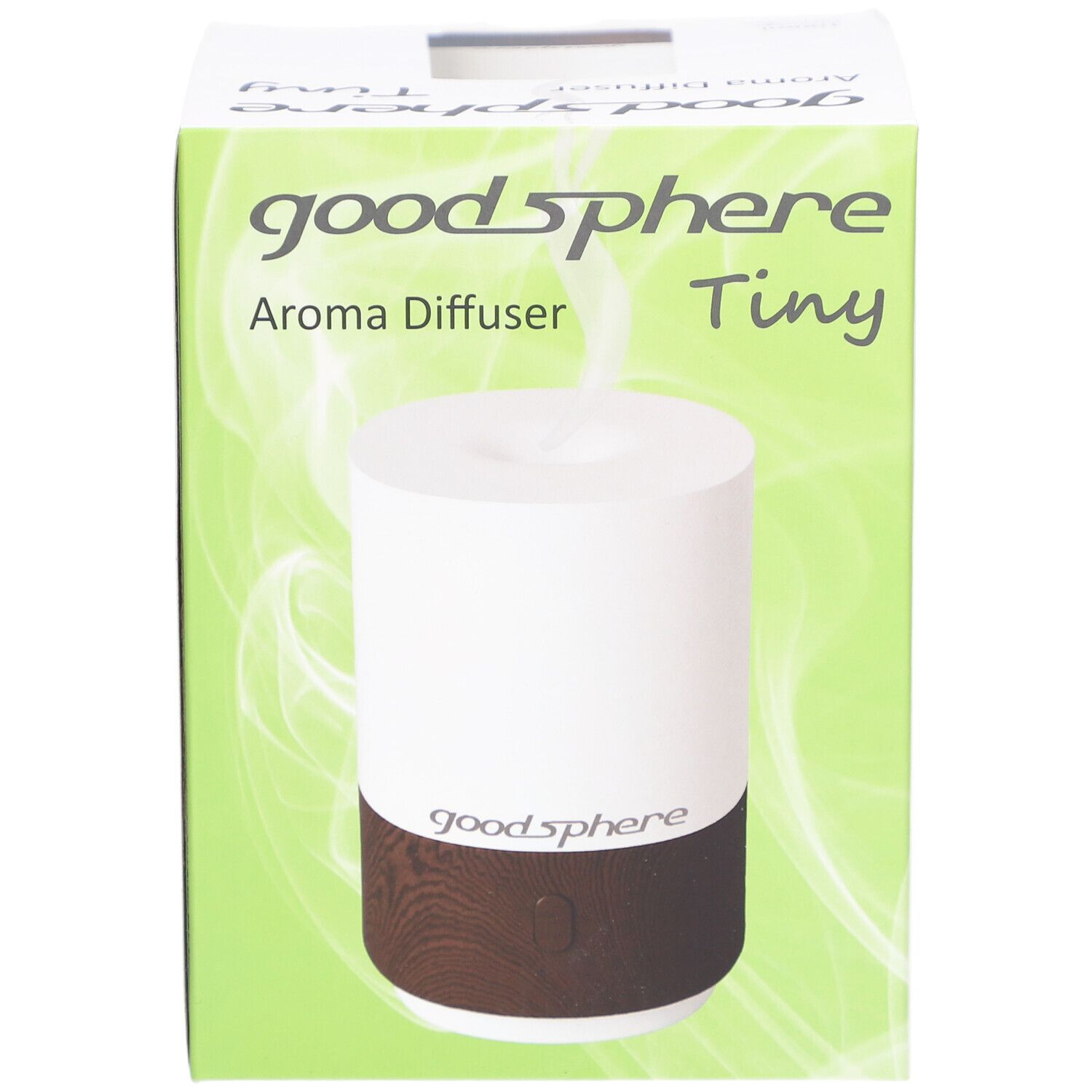 Aromavernebler Tiny, weiß-dunkelbraun, in Verpackung. Marke: goodsphere. Auf der Verpackung: Aroma Diffuser, Tiny.