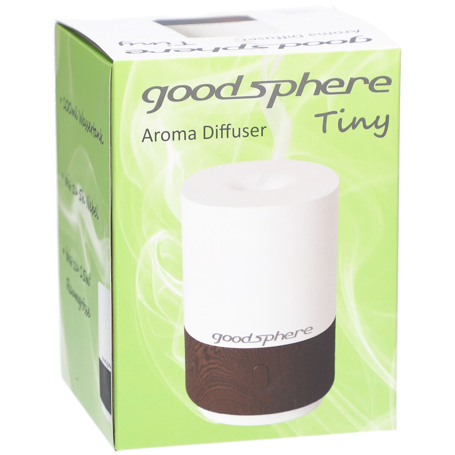 Aromavernebler Tiny, weiß-dunkelbraun, in Verpackung. Marke: goodsphere. Auf der Verpackung: Aroma Diffuser, Tiny.