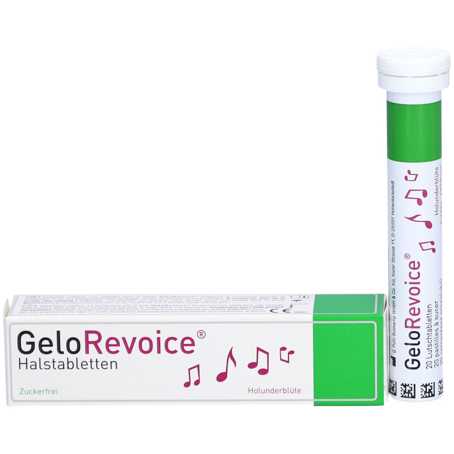 Produktverpackung und Tube. Verpackung: weiß, Produktname, grün. Tube: grün-weiß, Produktname, Noten.