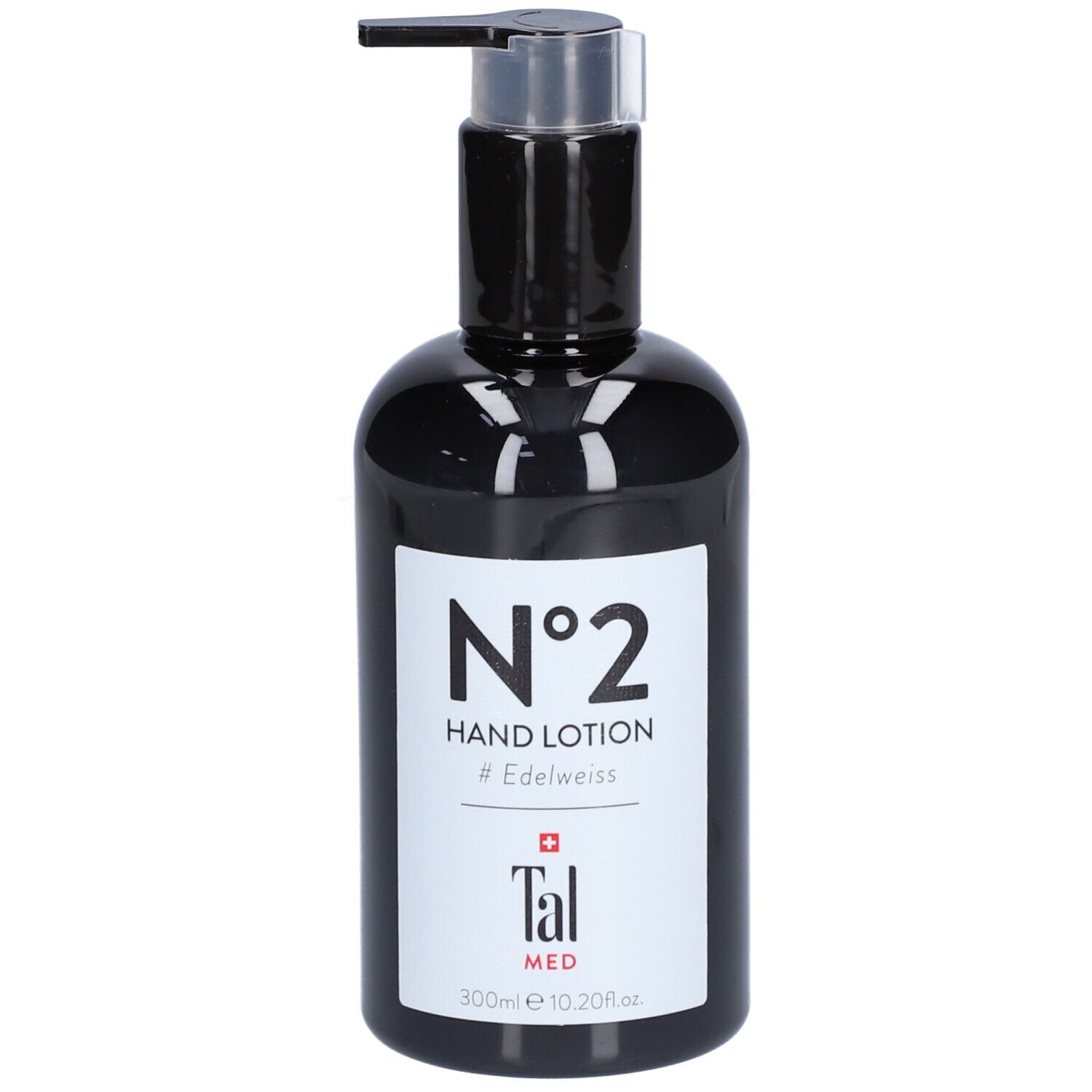Schwarze Flasche mit Pumpe. Etikett mit "N°2 Hand Lotion" und "Tal MED".