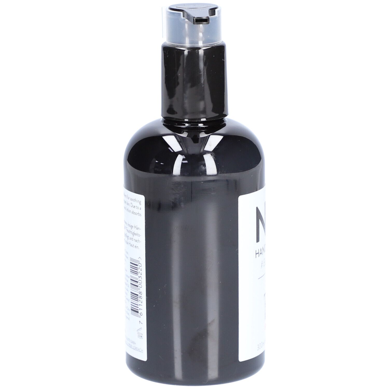 Schwarze Flasche mit Pumpe. Rückseite mit Text und Barcode.