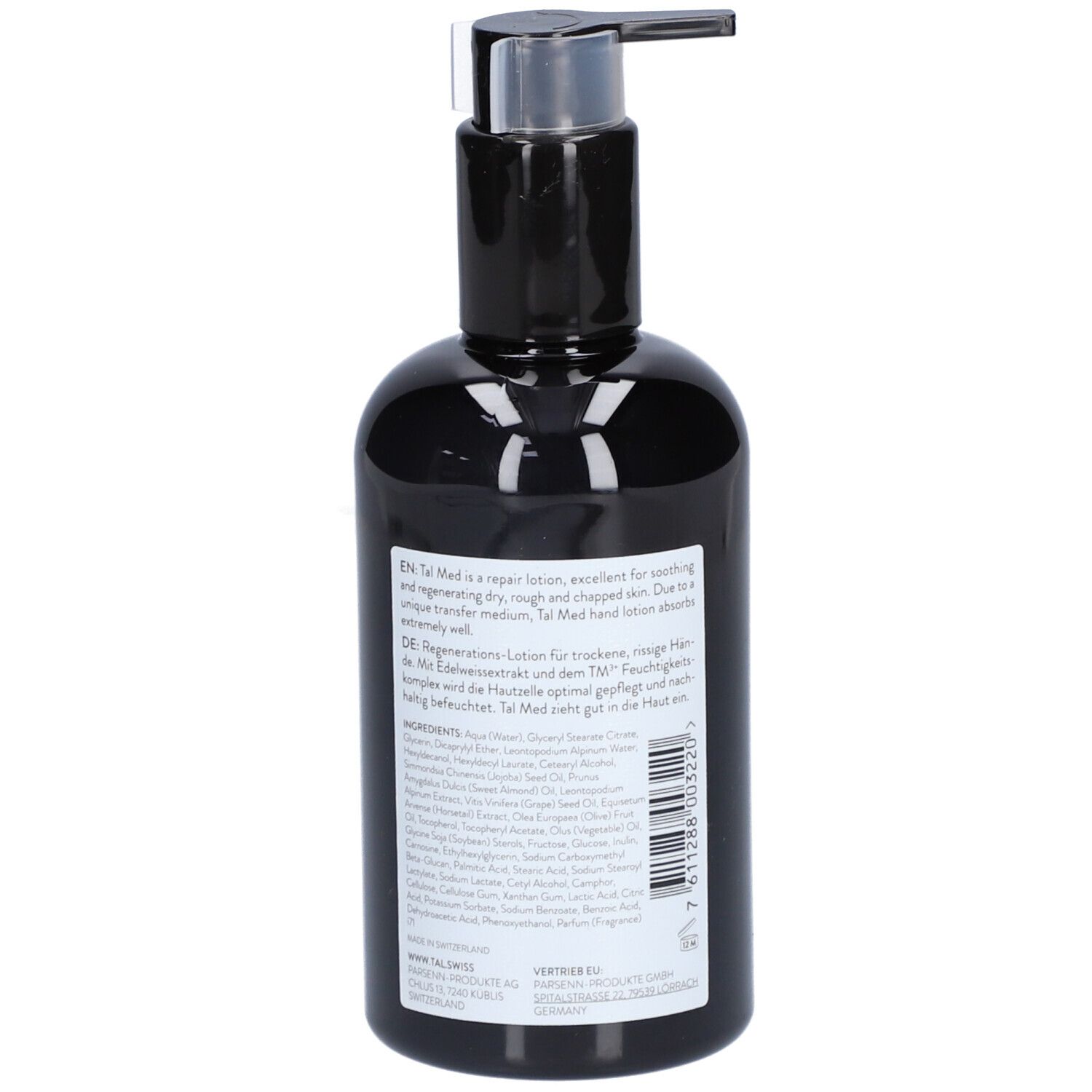 Schwarze Flasche mit Pumpe. Rückseite mit Text, Inhaltsstoffen und Barcode.