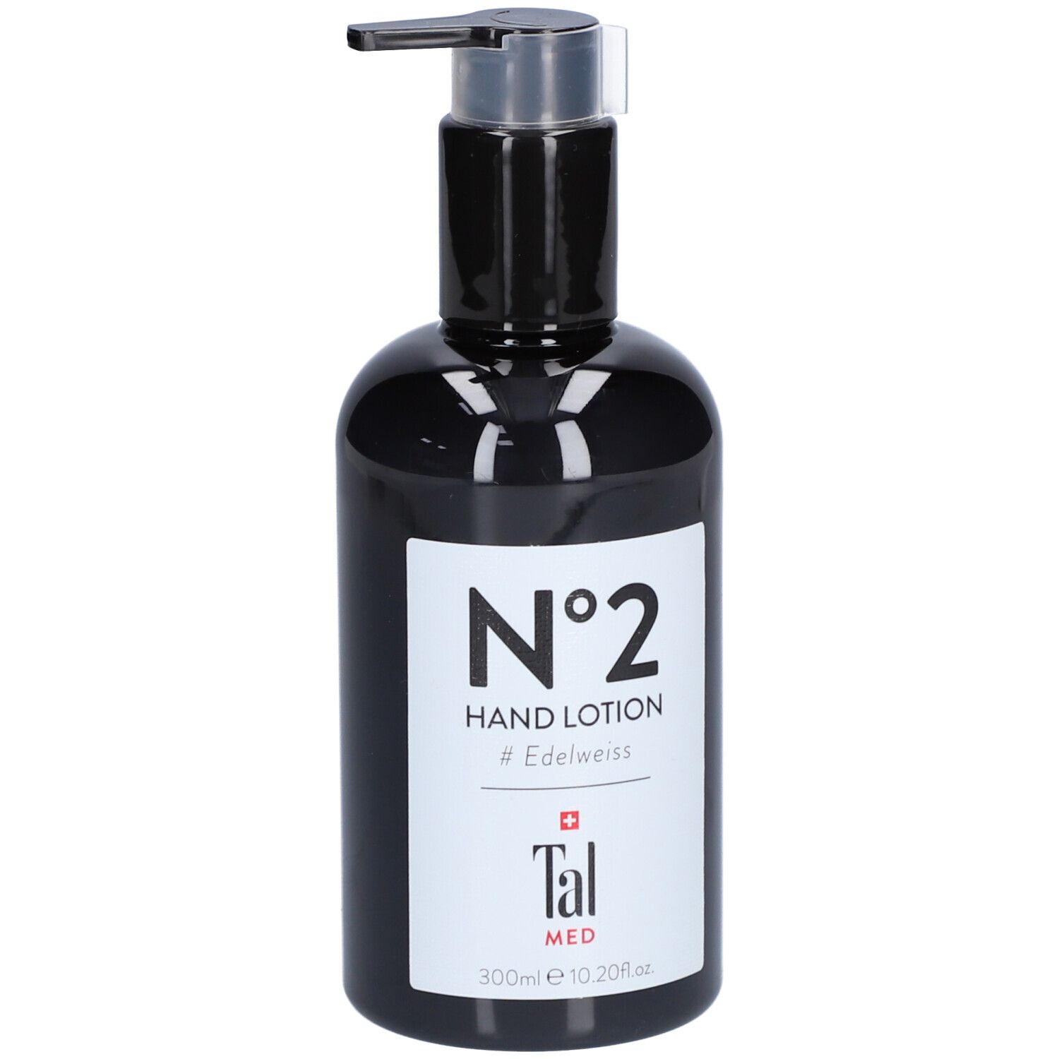 Schwarze Flasche mit Pumpe. Etikett mit "N°2 Hand Lotion" und "Tal MED".