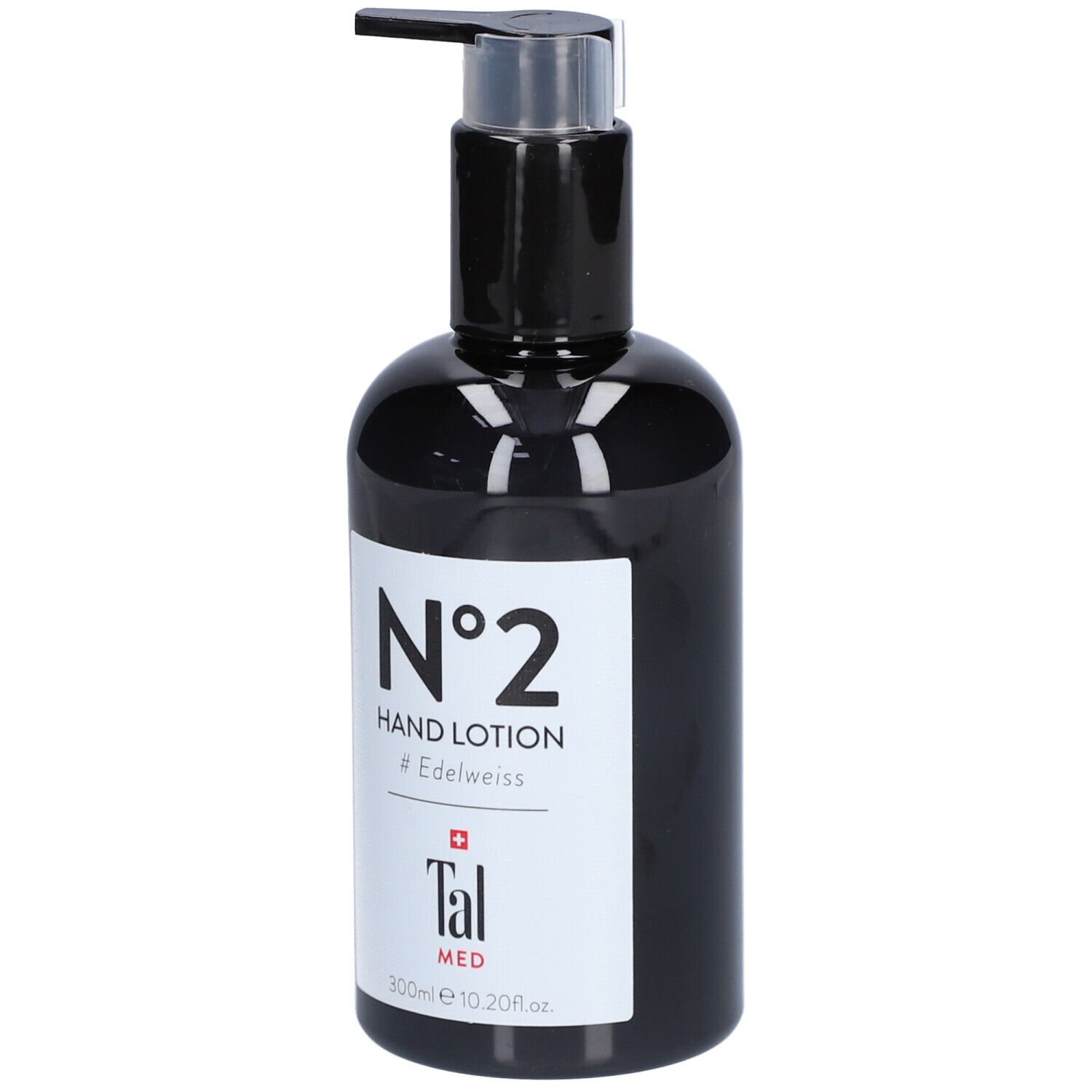 Schwarze Flasche mit Pumpe. Etikett mit "N°2 Hand Lotion" und "Tal MED".