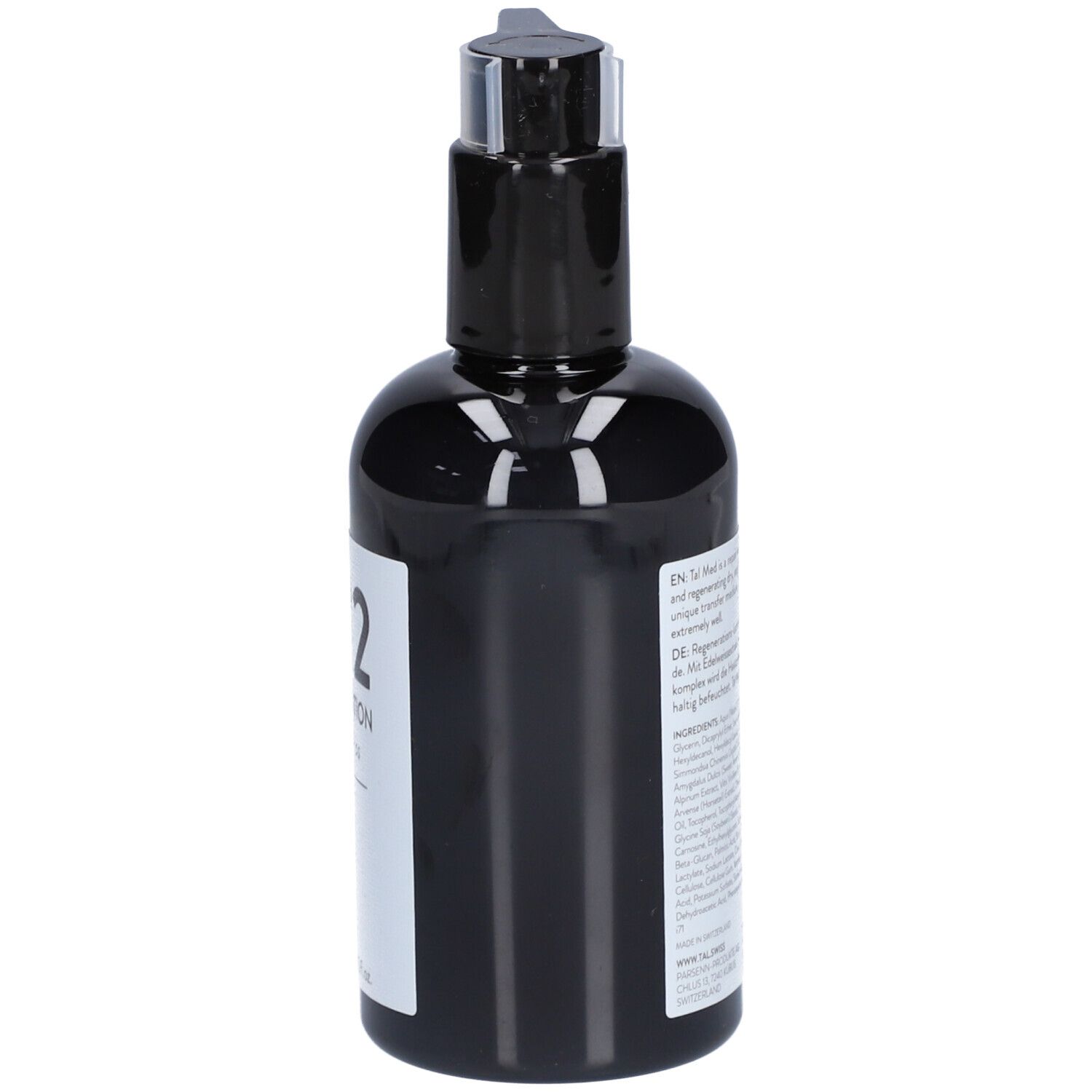 Schwarze Flasche mit Pumpe. Rückseite mit Text.