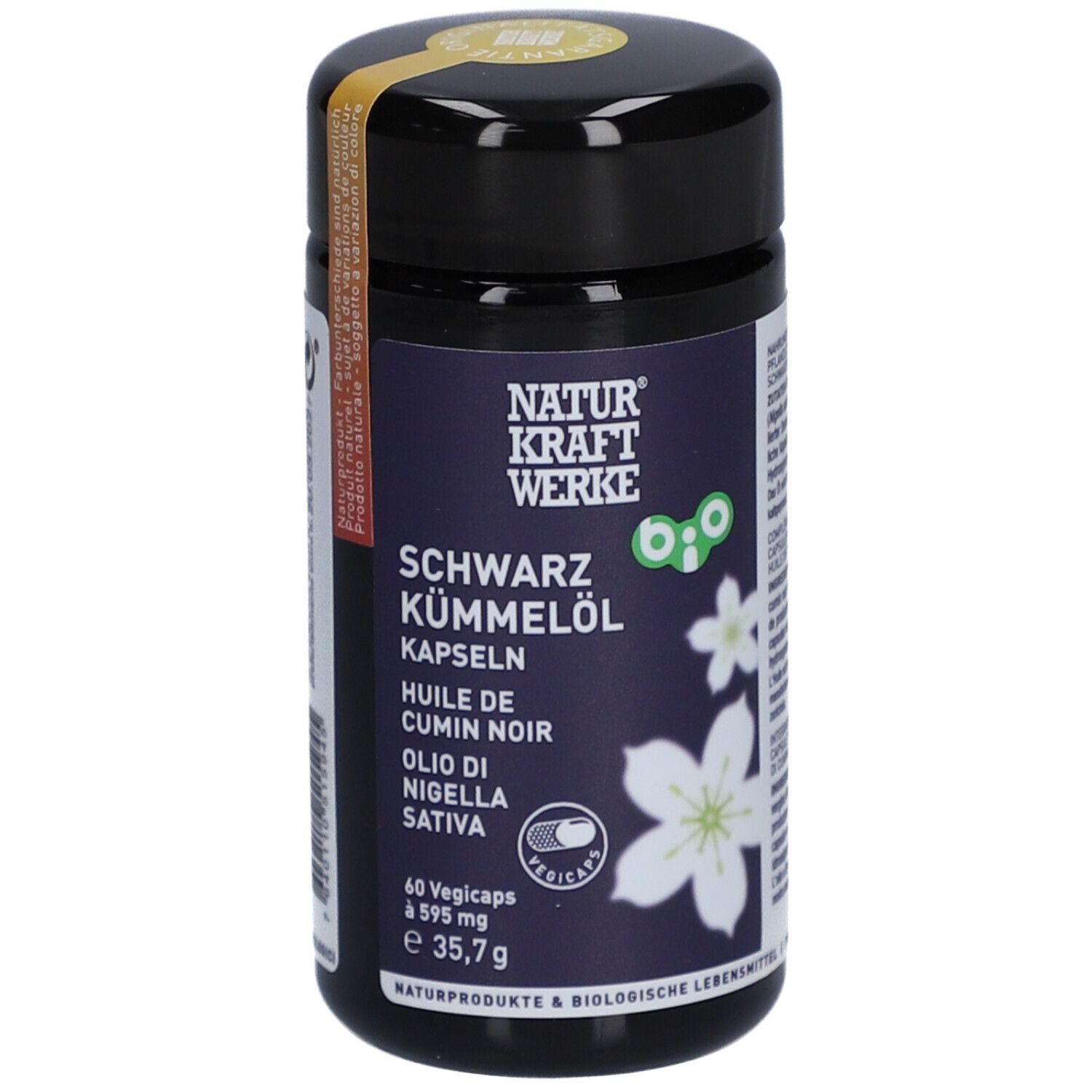 Schwarze Kapseln in einer schwarzen Dose. Aufschrift: NATURKRAFTWERKE Bio-Schwarzkümmelöl. Mit Bio-Siegel.