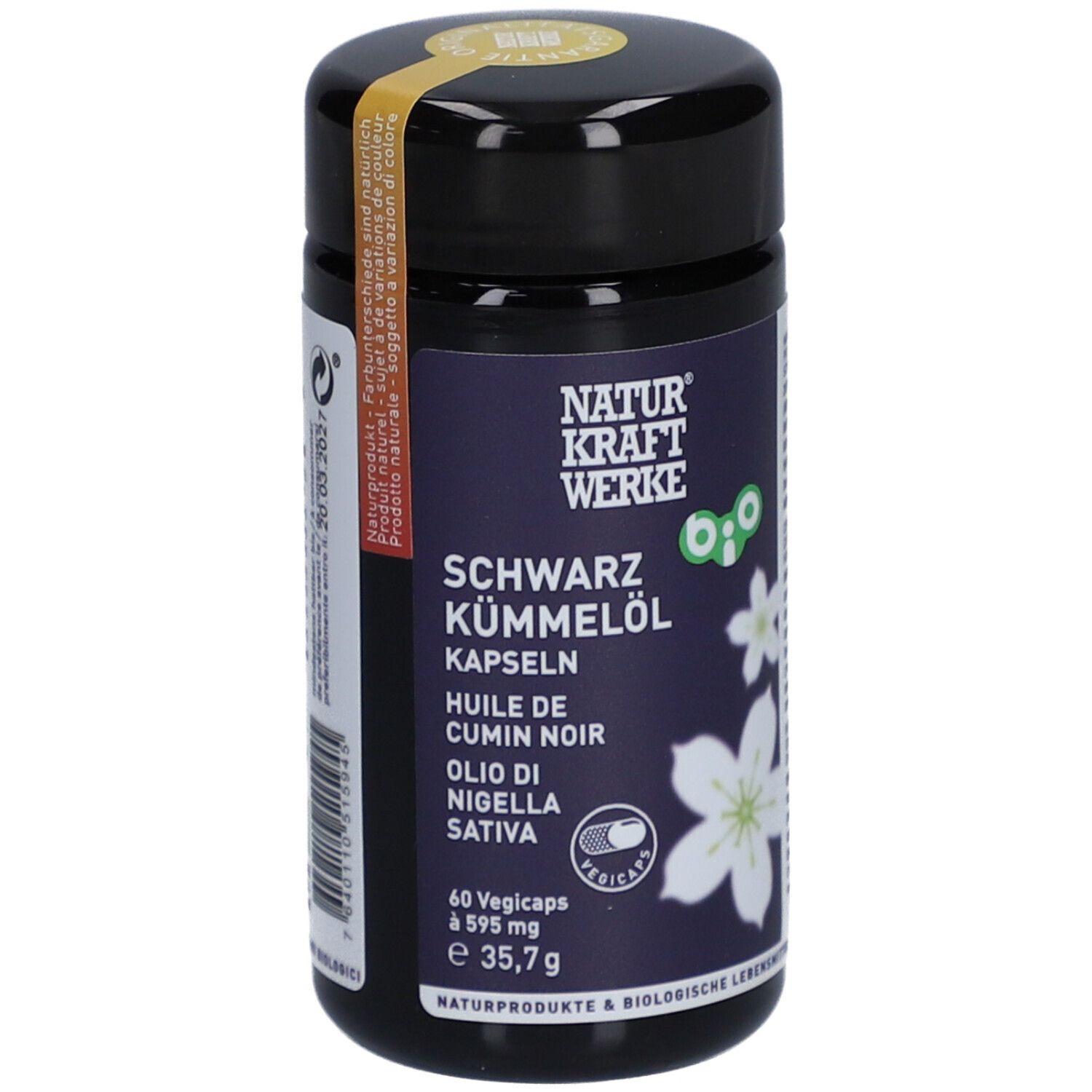Schwarze Kapseln in einer schwarzen Dose. Aufschrift: NATURKRAFTWERKE Bio-Schwarzkümmelöl. Mit Bio-Siegel.