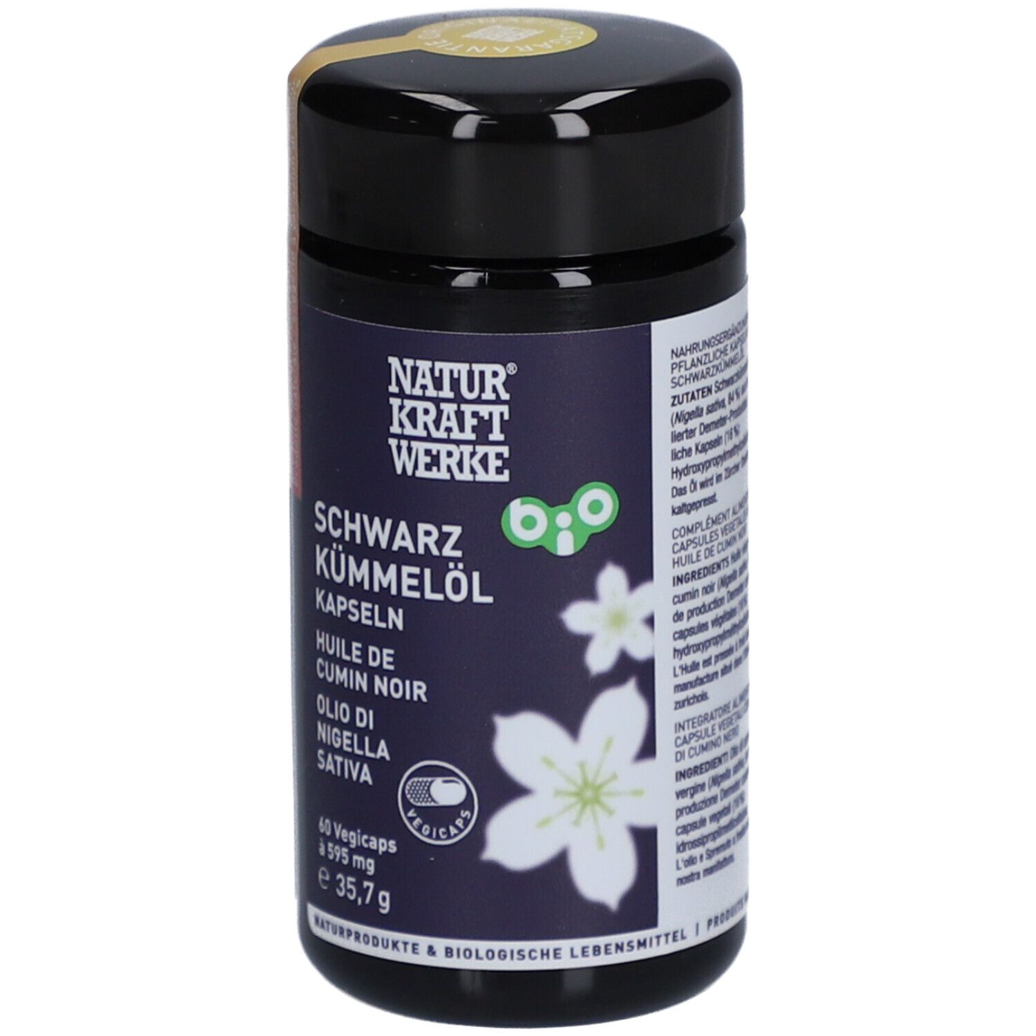 Schwarze Kapseln in einer schwarzen Dose. Aufschrift: NATURKRAFTWERKE Bio-Schwarzkümmelöl. Mit Bio-Siegel.