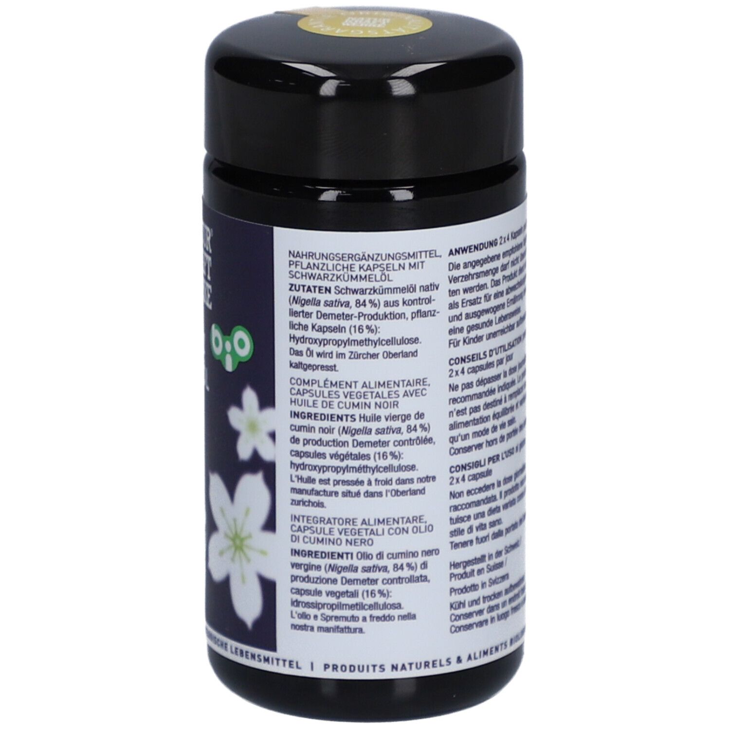Rückseite der schwarzen Dose mit Inhaltsstoffen und Anwendungshinweisen. Bio-Siegel sichtbar.