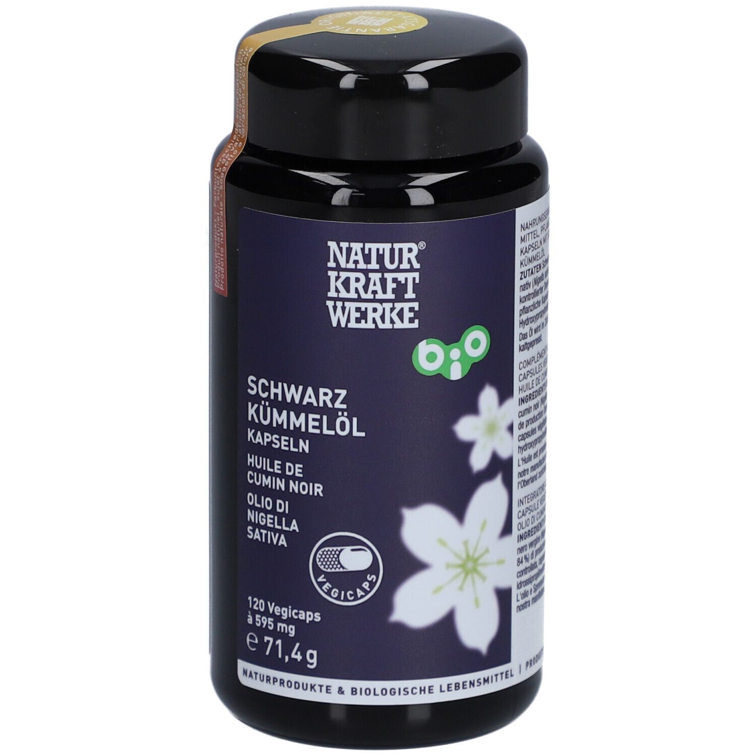 Schwarze Kapsel-Dose mit Produktinformationen. Aufschrift: NATURKRAFTWERKE, Schwarzkümmelöl, 120 Vegicaps, 595 mg.