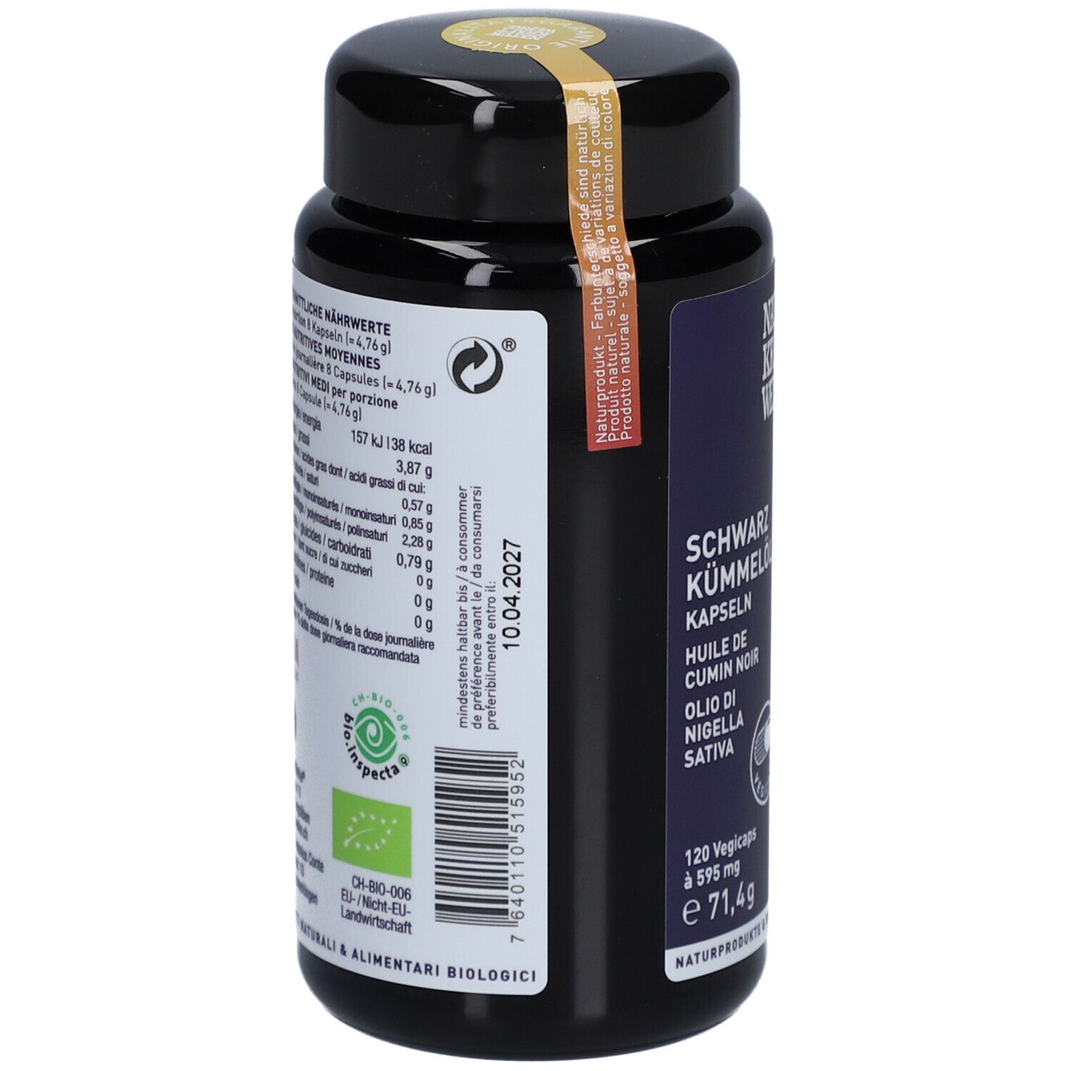 Rückseite der Kapsel-Dose mit Nährwertangaben und Haltbarkeitsdatum. Bio-Siegel und Barcode sind sichtbar.