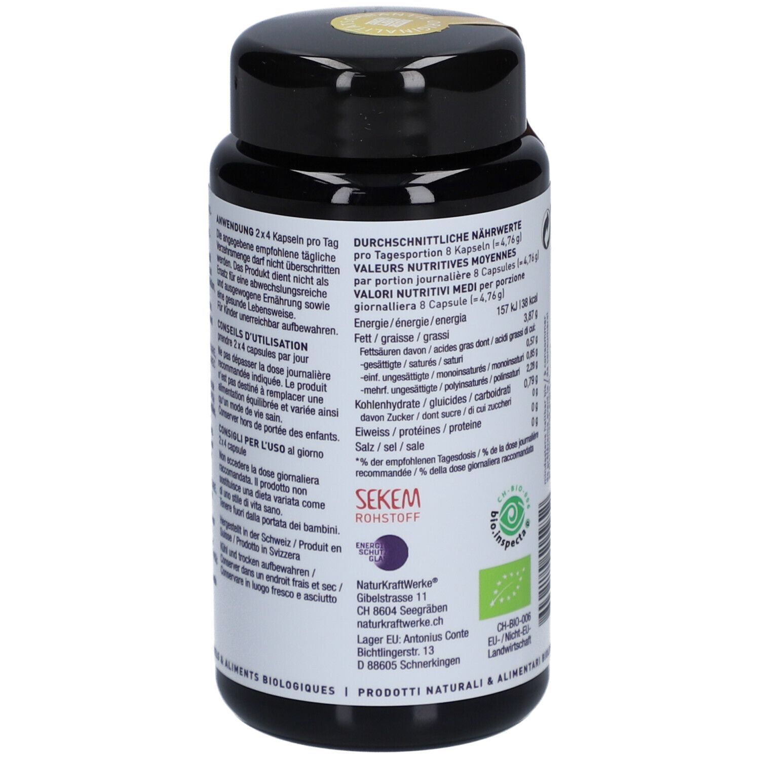 Rückseite der Kapsel-Dose mit Anwendungshinweisen und Nährwertangaben. Bio-Siegel und Herstelleradresse.