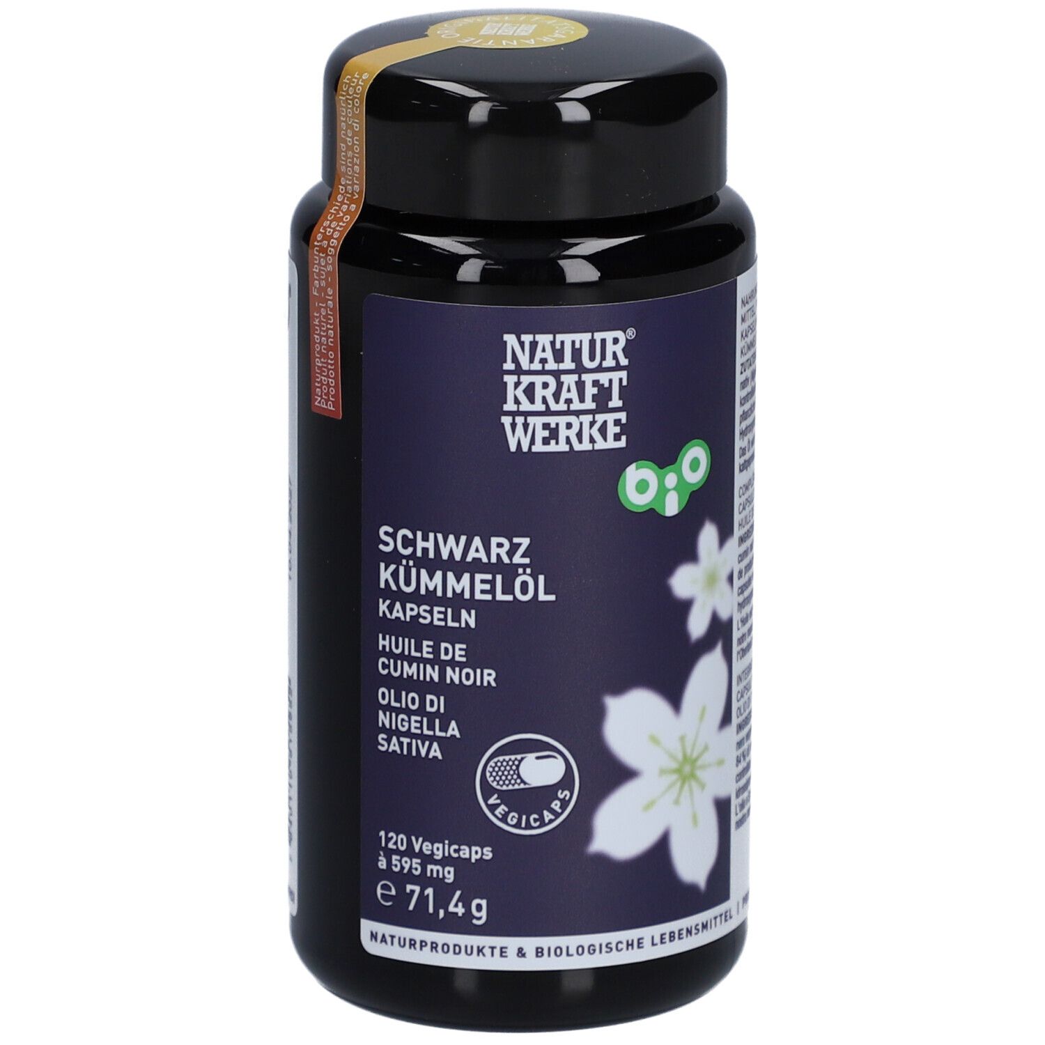 Schwarze Kapsel-Dose mit Produktinformationen. Aufschrift: NATURKRAFTWERKE, Schwarzkümmelöl, 120 Vegicaps, 595 mg.