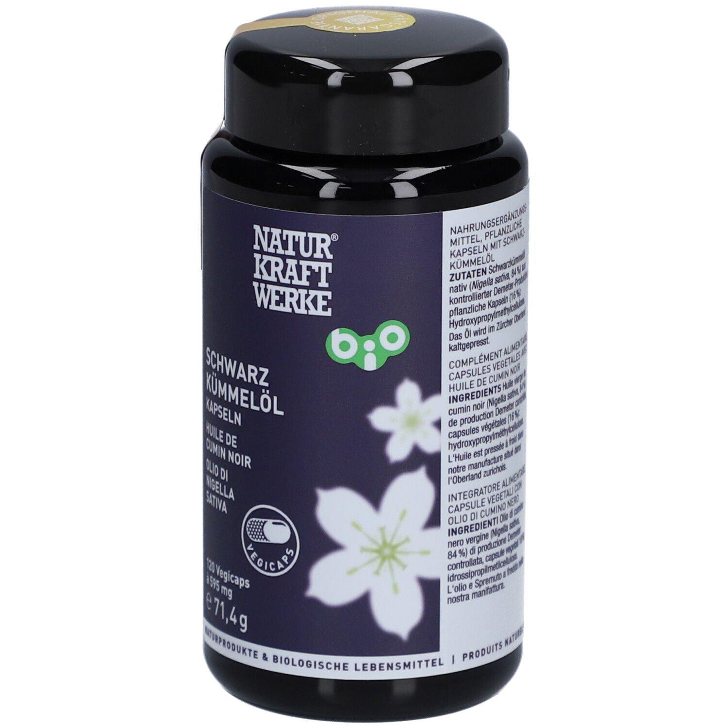 Schwarze Kapsel-Dose mit Produktinformationen. Aufschrift: NATURKRAFTWERKE, Schwarzkümmelöl, 120 Vegicaps, 595 mg.