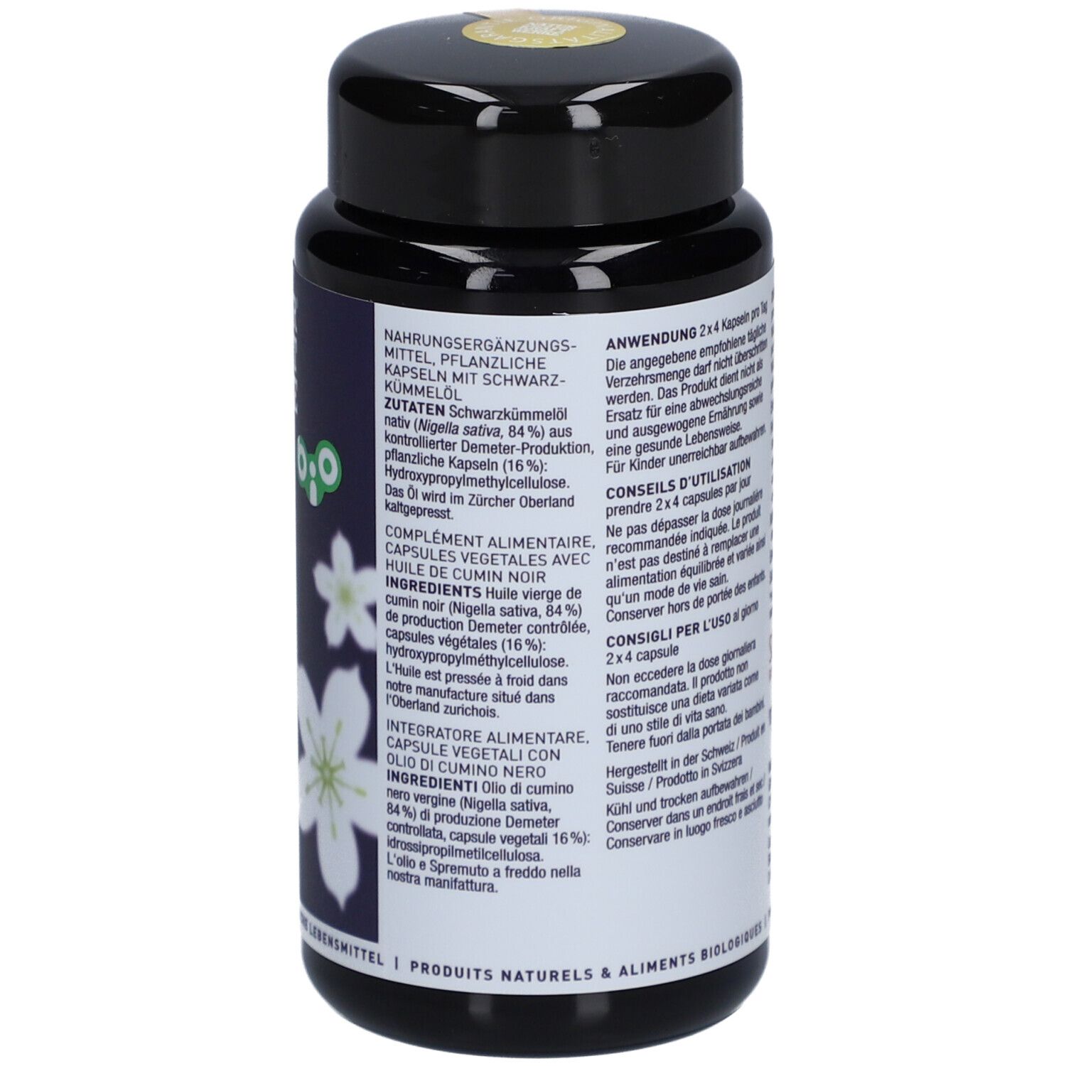 Rückseite der Kapsel-Dose mit Inhaltsstoffen und Anwendungshinweisen. Bio-Siegel und Herstelleradresse.