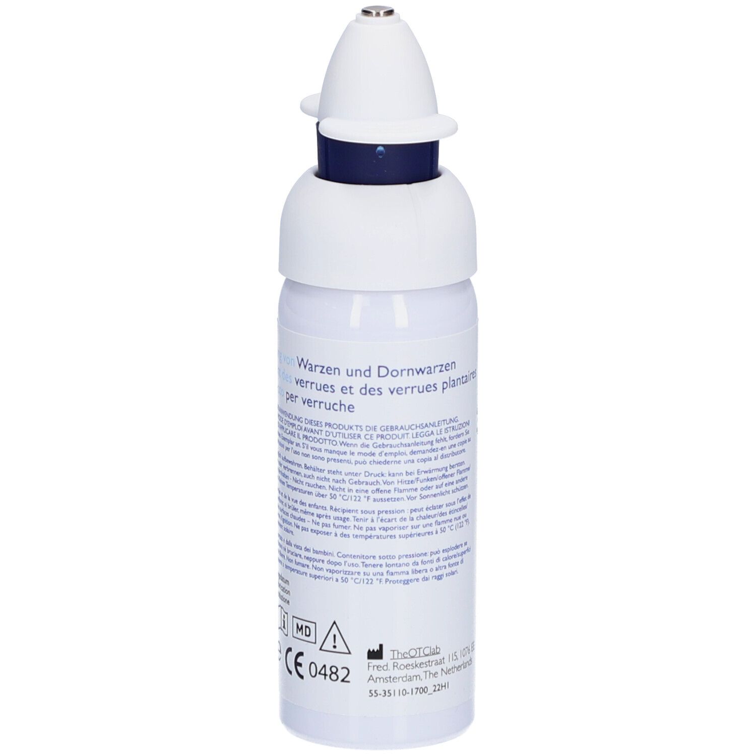Weiße Flasche mit blauem Ring und Applikator. Text: Warzen und Dornwarzen, CE-Kennzeichnung, MD-Symbol.