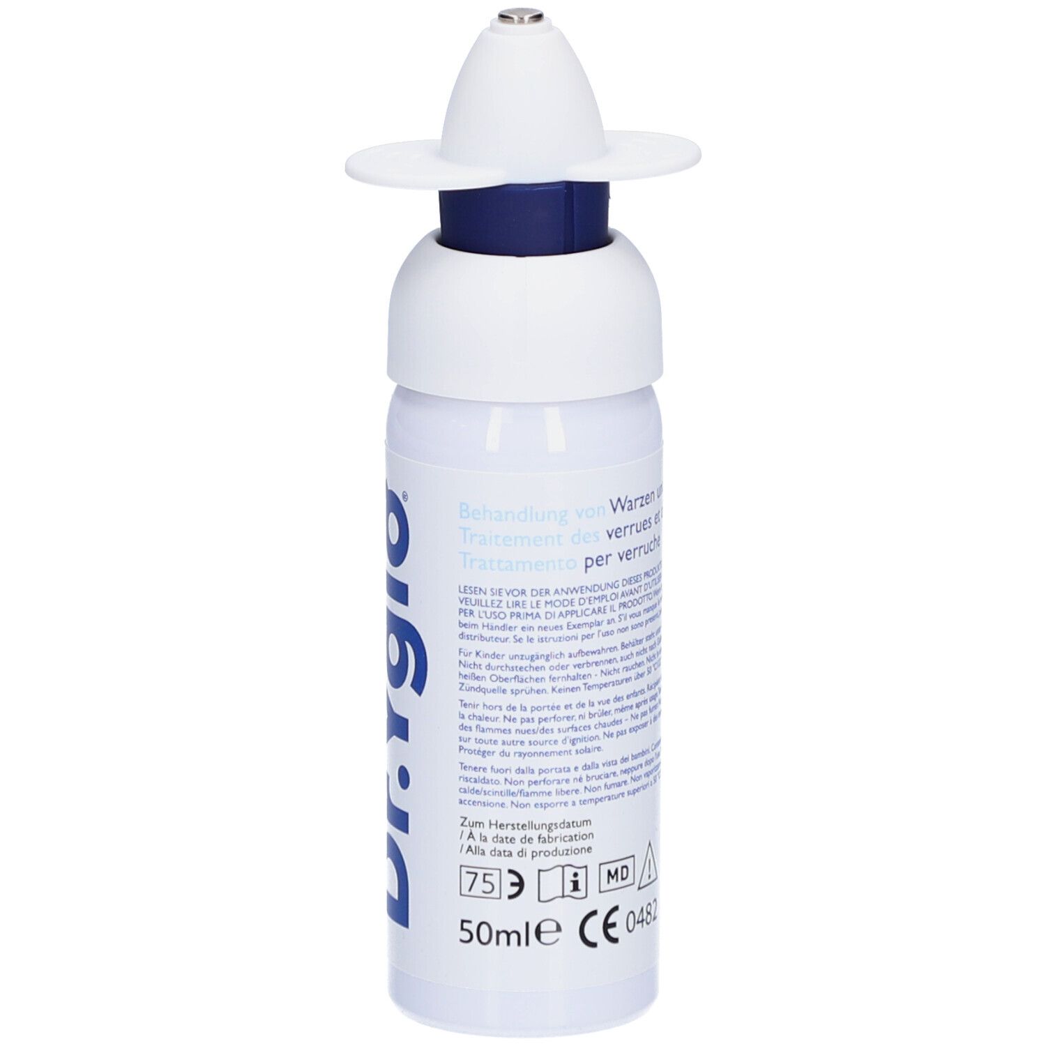 Weiße Flasche mit blauem Ring und Applikator. Text: Behandlung von Warzen, 50ml, CE-Kennzeichnung, MD-Symbol.