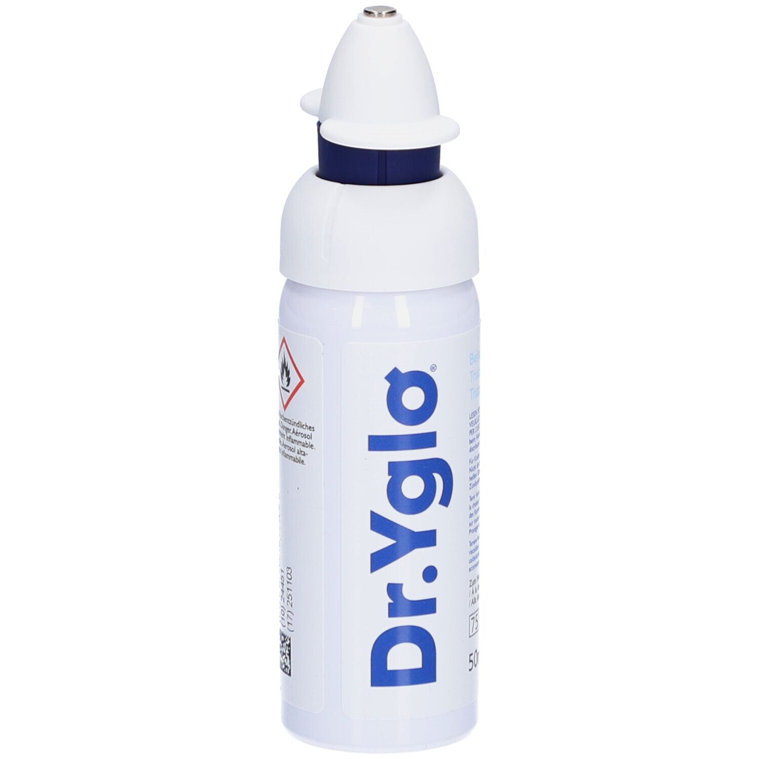 Weiße Flasche mit blauem Ring und Applikator. Aufschrift: Dr. Yglo. Text: 50ml, Gefahrensymbol.