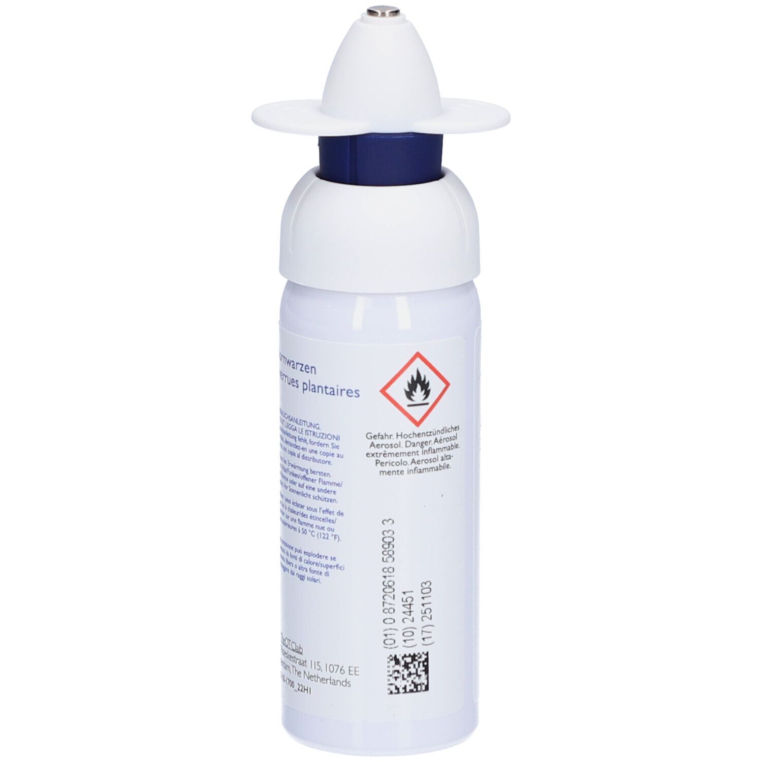 Weiße Flasche mit blauem Ring und Applikator. Text: Warzen und Dornwarzen, Gefahrensymbol.