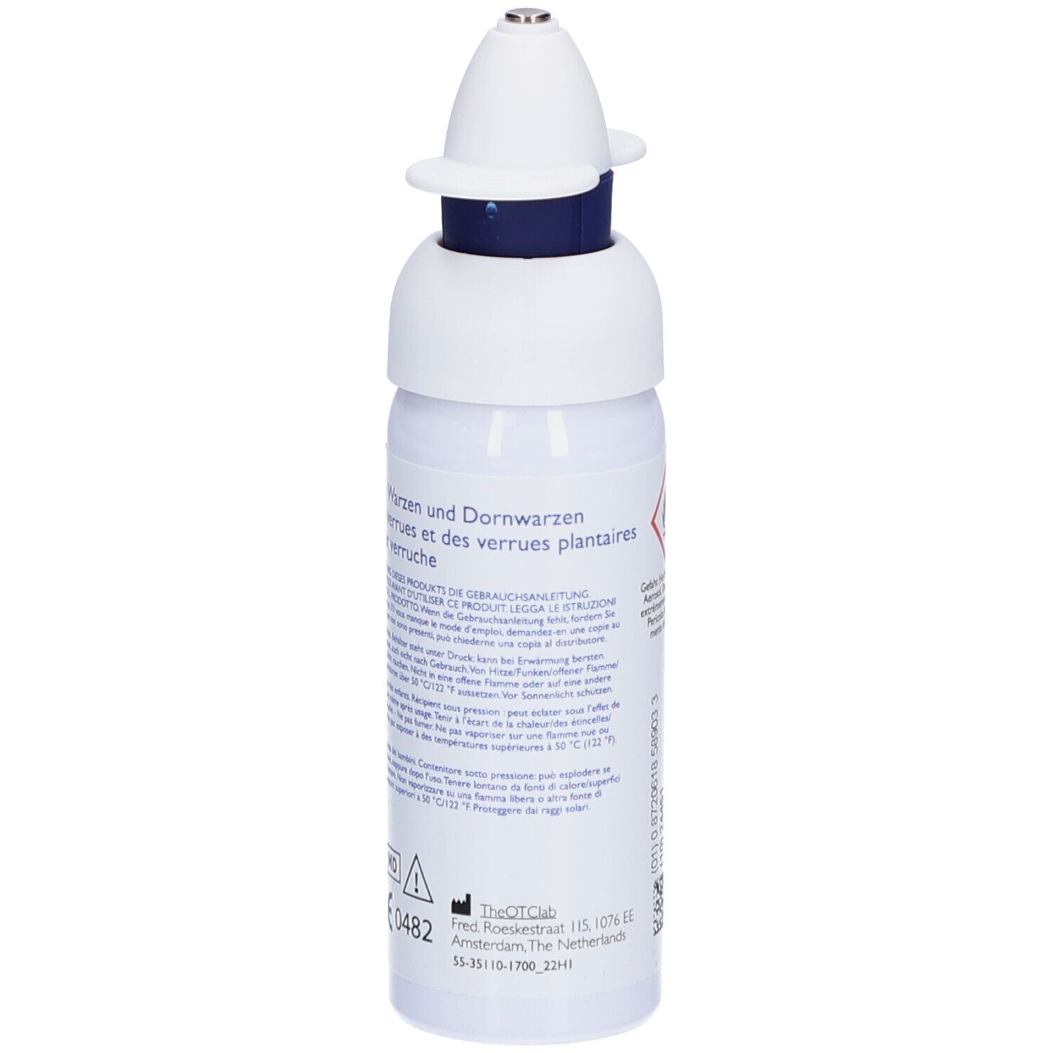 Weiße Flasche mit blauem Ring und Applikator. Text: Warzen und Dornwarzen, CE-Kennzeichnung, MD-Symbol.