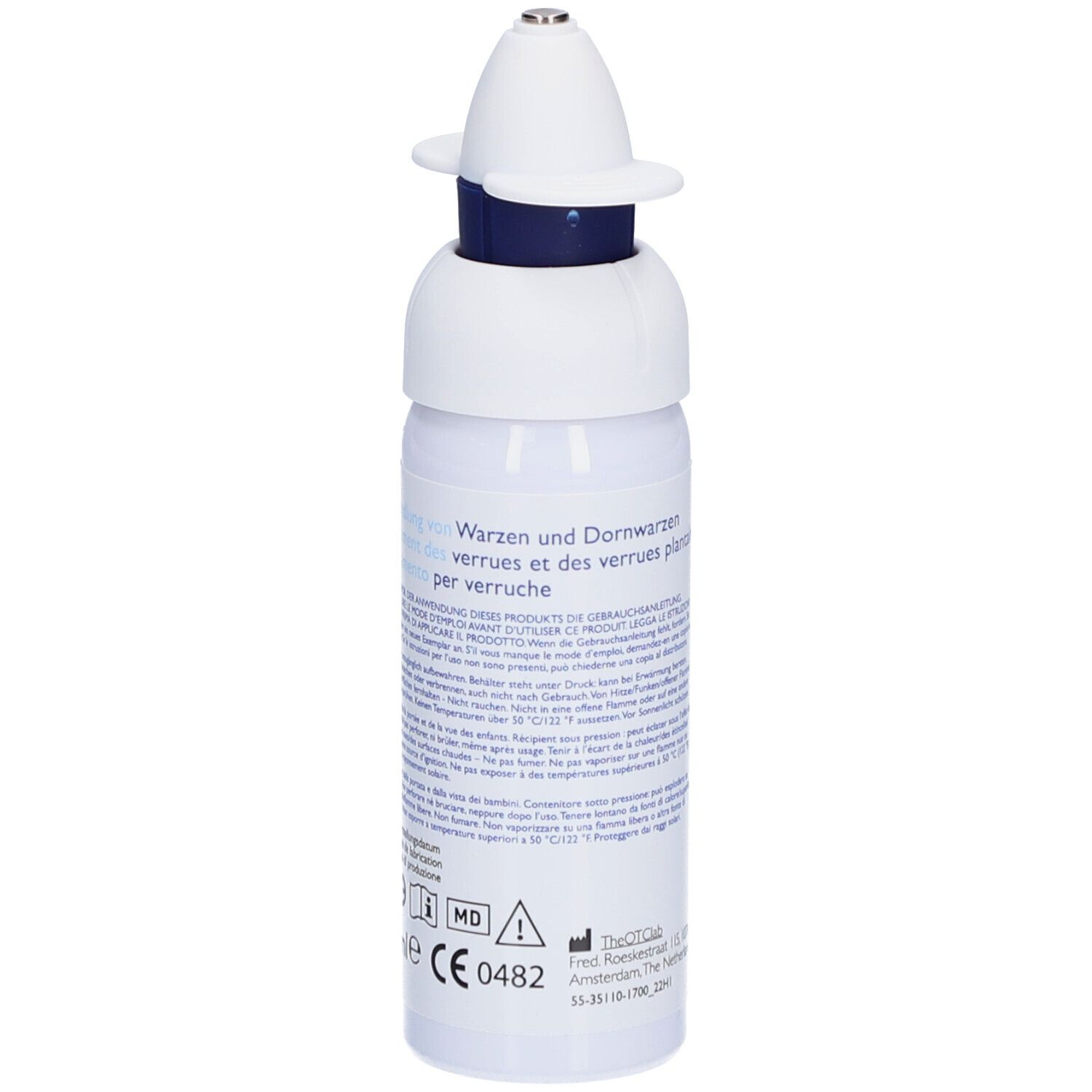 Weiße Flasche mit blauem Ring und Applikator. Text: Warzen und Dornwarzen, CE-Kennzeichnung, MD-Symbol.