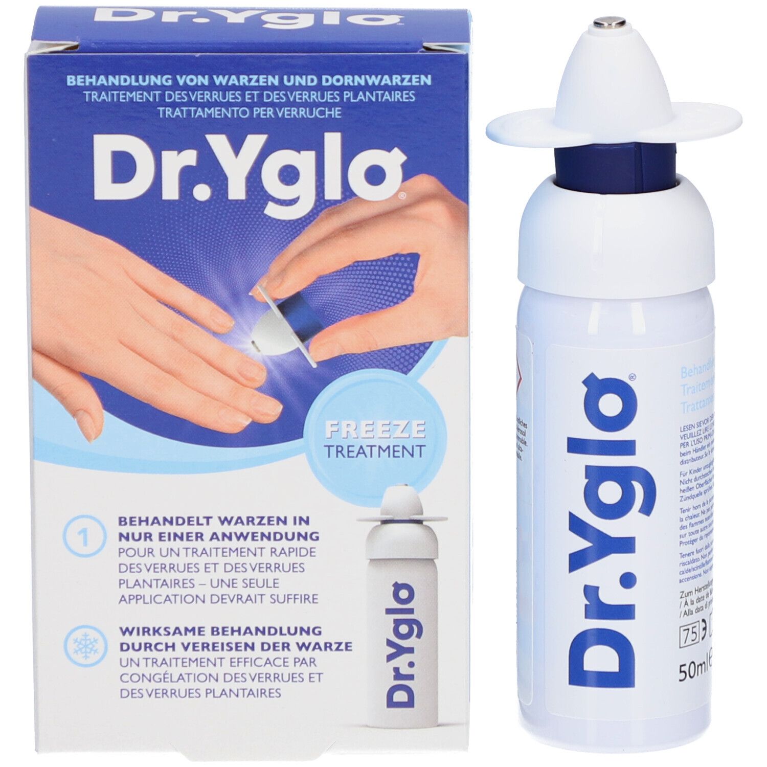 Produktverpackung und Flasche. Verpackung: Dr. Yglo, Freeze Treatment. Flasche: Dr. Yglo, 50ml.