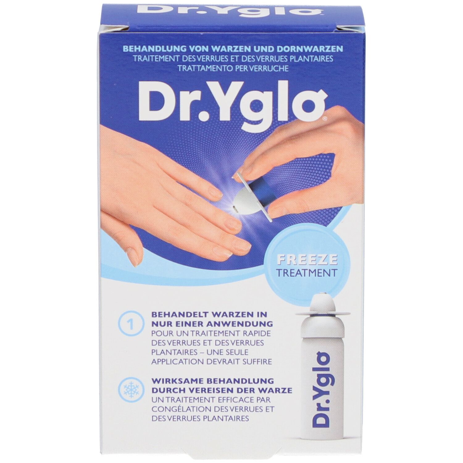 Produktverpackung. Aufschrift: Dr. Yglo, Freeze Treatment. Abbildung: Anwendung auf der Haut.