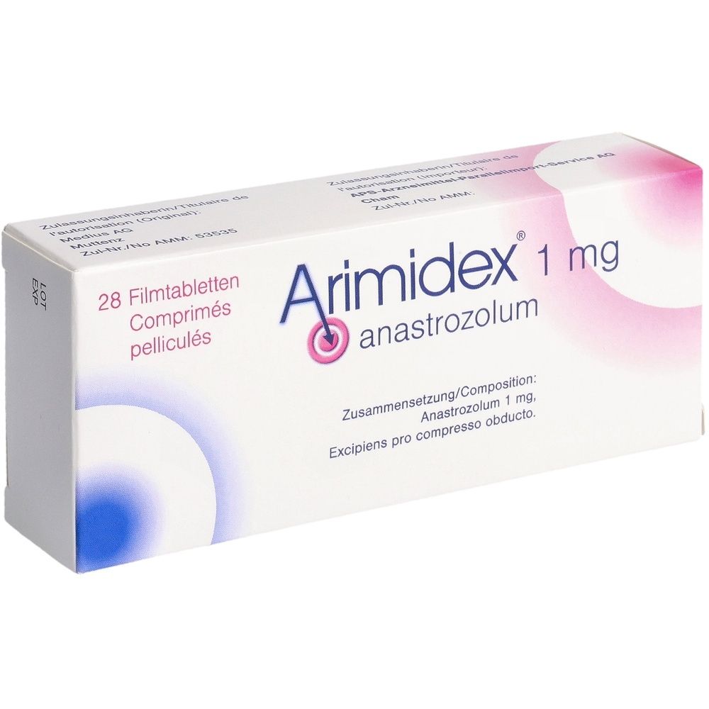 Arimidex 1 mg Packung. Enthält 28 Filmtabletten. Aufschrift: Anastrozolum. Rosa und weiße Verpackung.