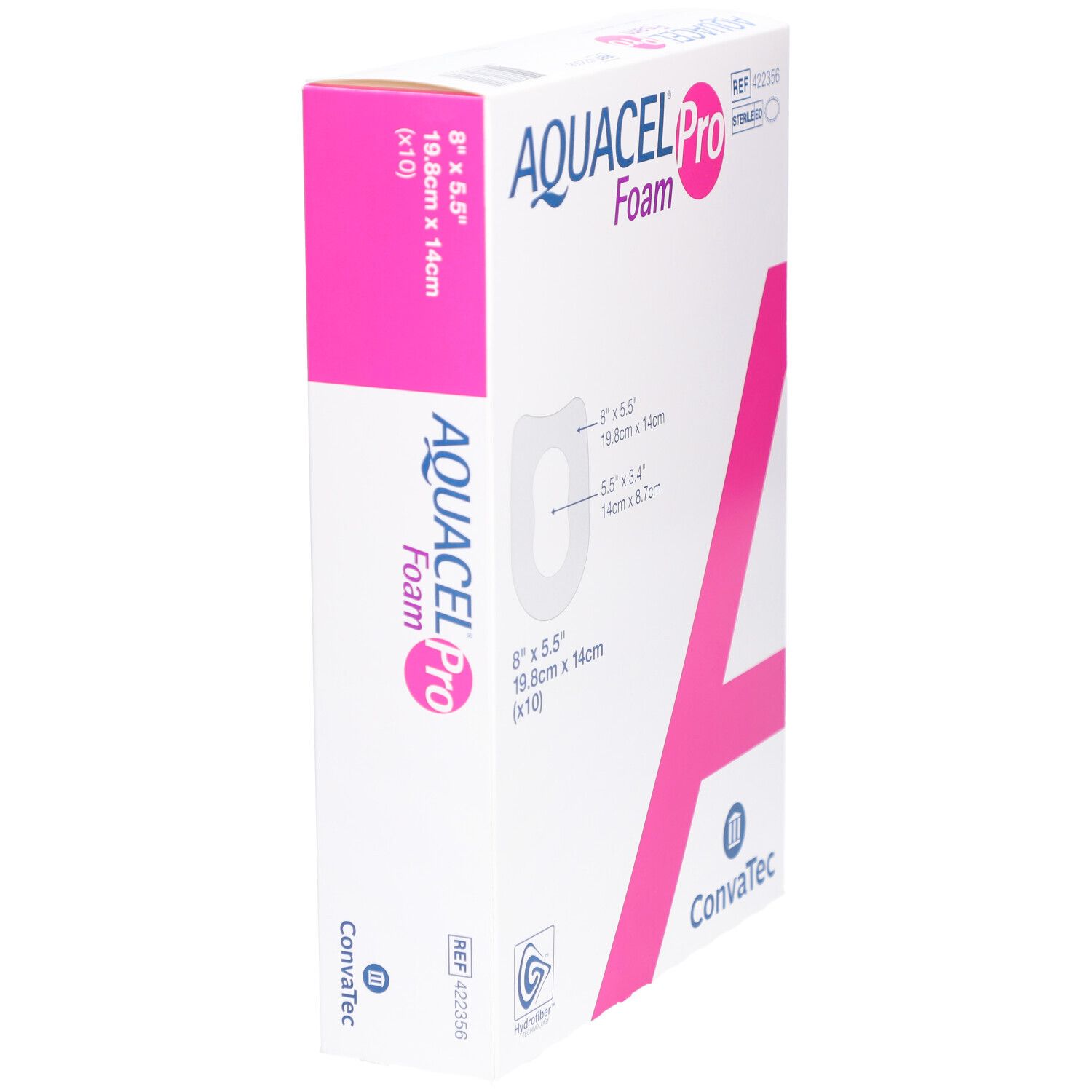 AQUACEL Pro Foam Verpackung. Weiß mit pinkfarbenen Akzenten. Seitenansicht mit Größenangaben.