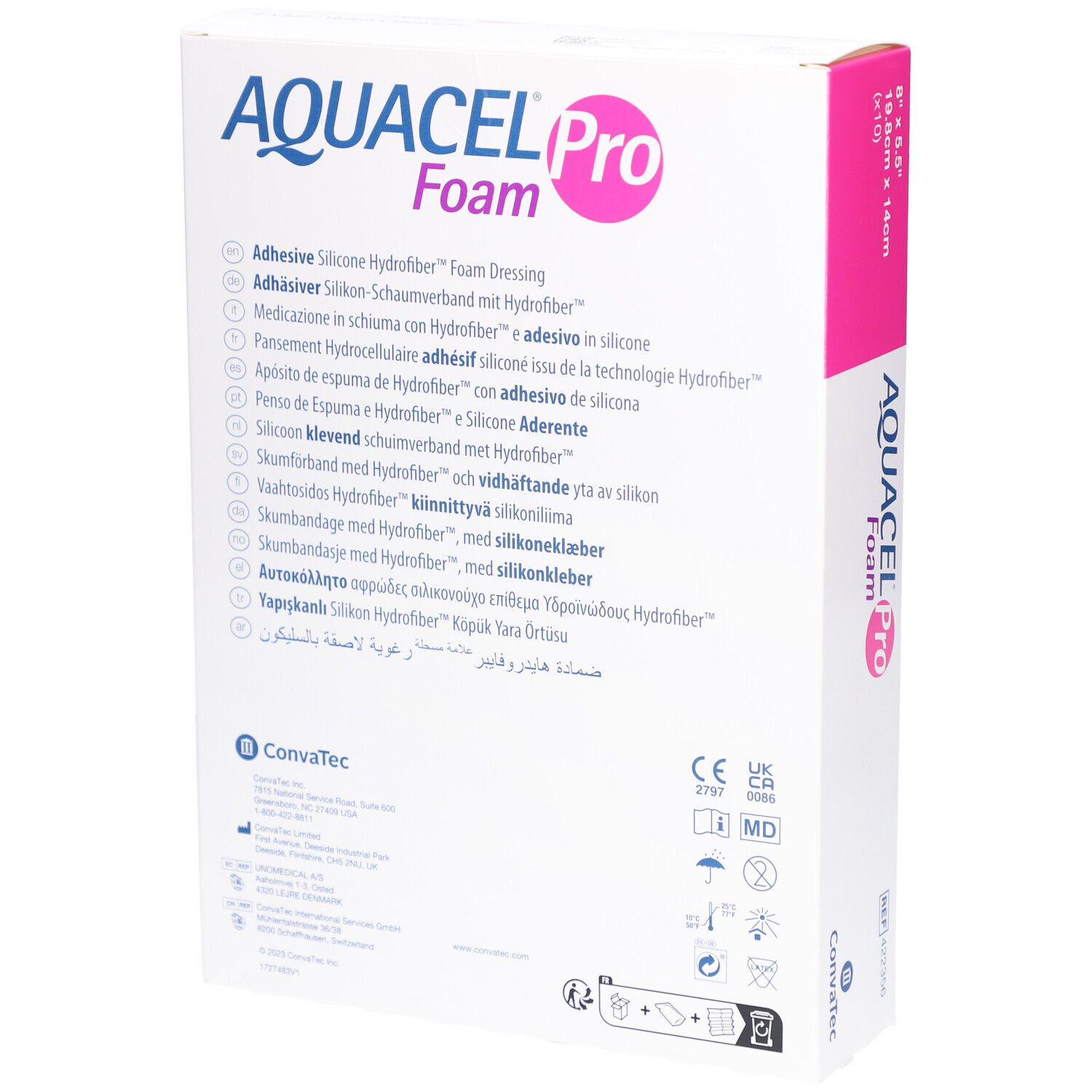 Rückseite der AQUACEL Pro Foam Verpackung. Mehrsprachige Produktbeschreibungen und Logos.