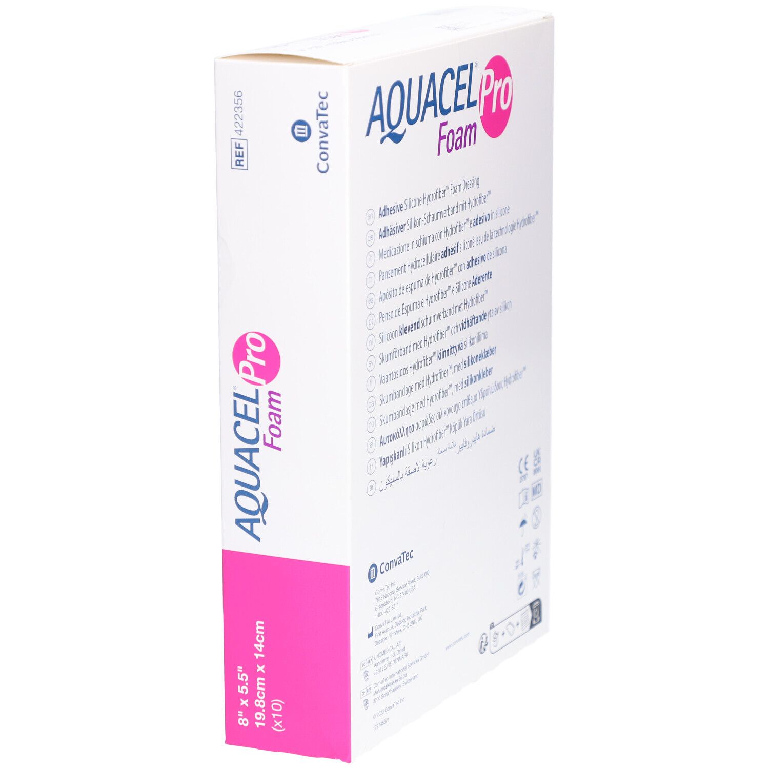 AQUACEL Pro Foam Verpackung. Seitenansicht mit Produktnamen und Größenangaben.