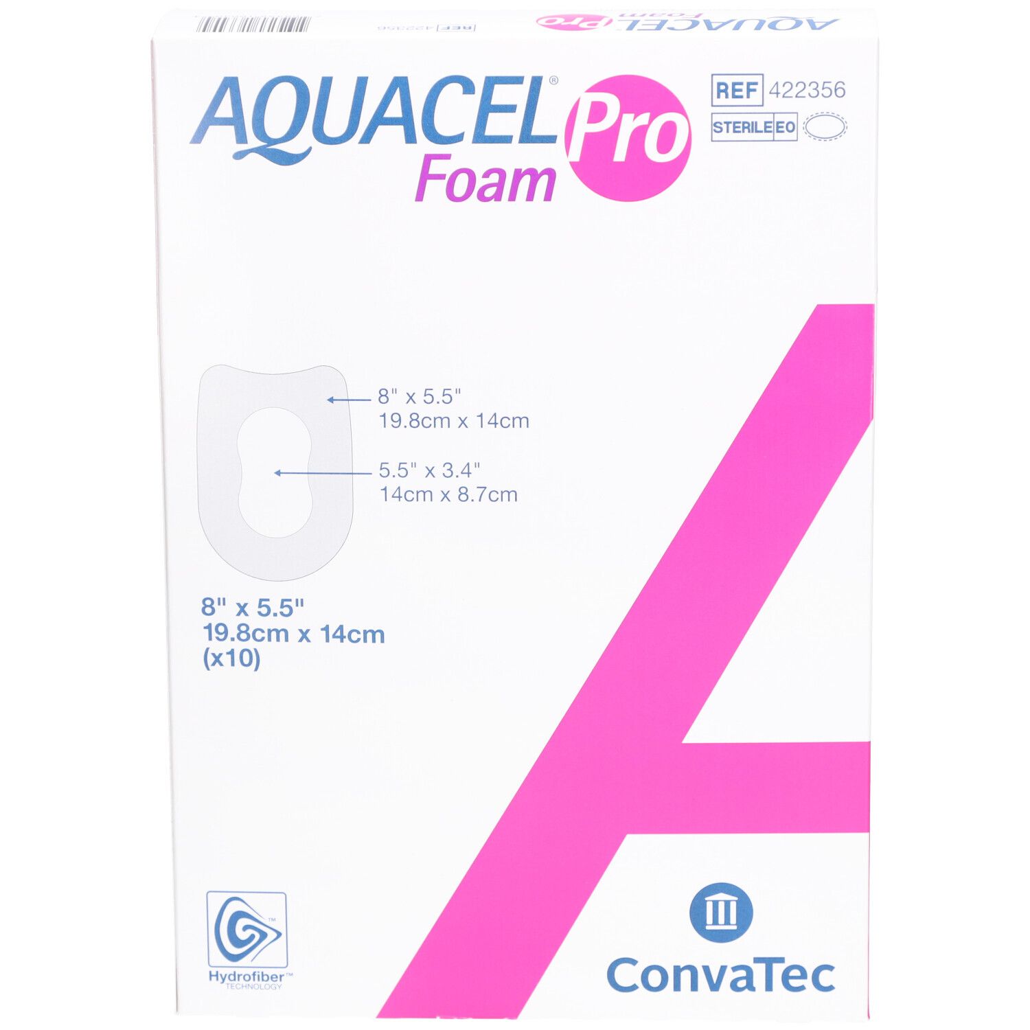 AQUACEL Pro Foam Verpackung. Vorderansicht mit Produktabbildung und Größenangaben.