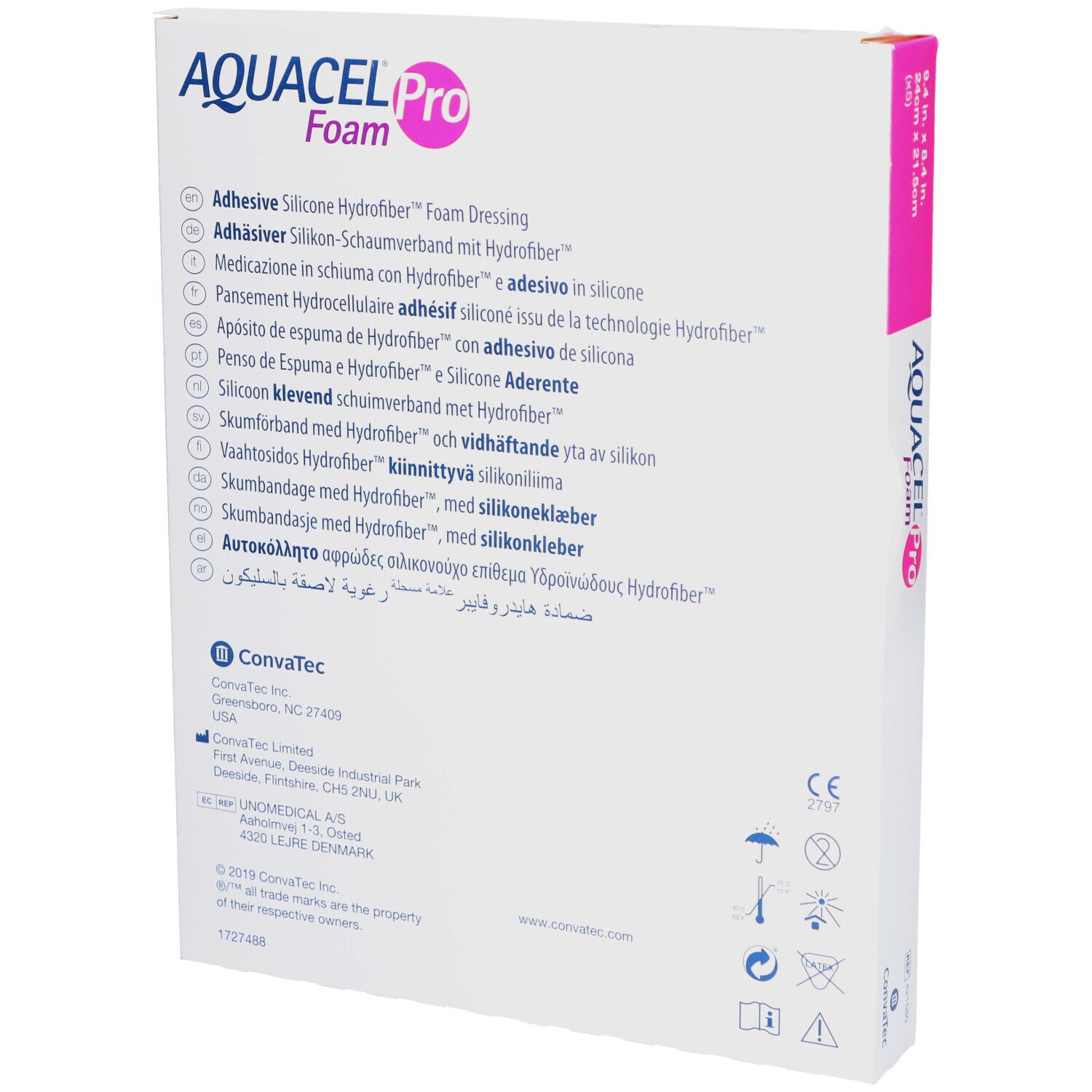 Dos de l'emballage AQUACEL Pro Foam. Informations produit multilingues et logos visibles.