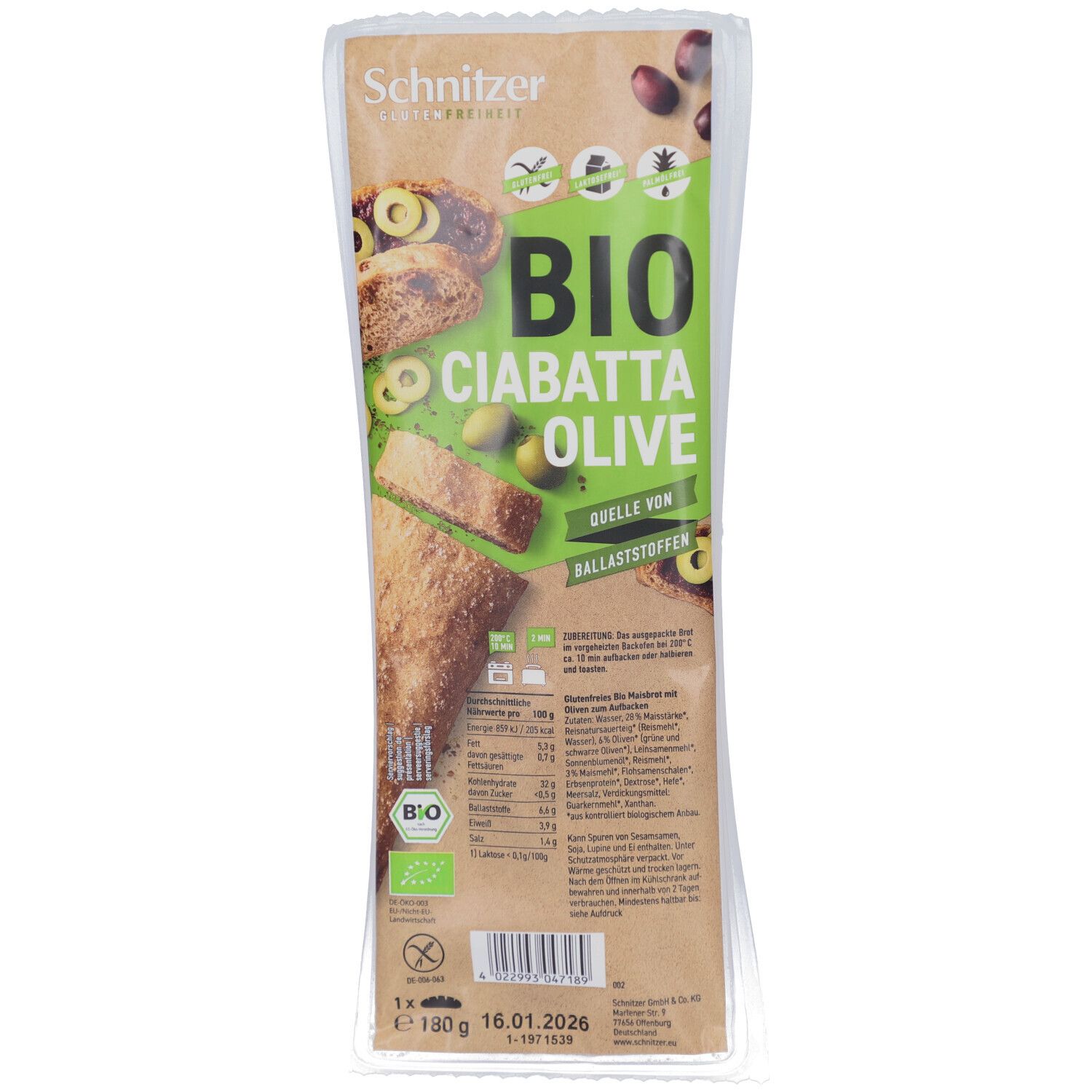 Verpackung mit Ciabatta Olive glutenfrei. Aufdruck: BIO, Oliven, grüne Schrift. Siegel: Bio-Siegel, Quelle von Ballaststoffen.