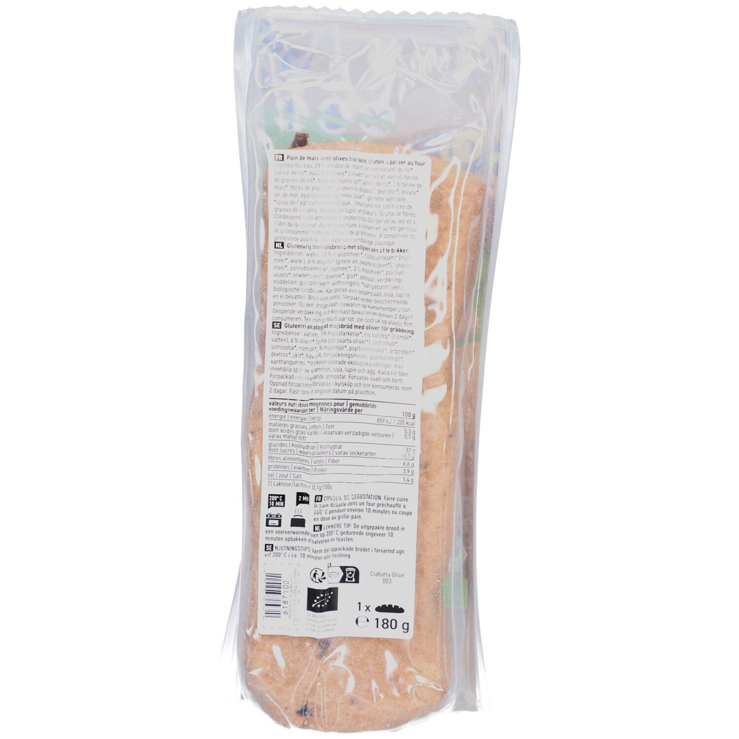 Rückseite der Verpackung von Ciabatta Olive glutenfrei. Enthält Nährwertangaben und Zutatenliste. Bio-Siegel unten links.