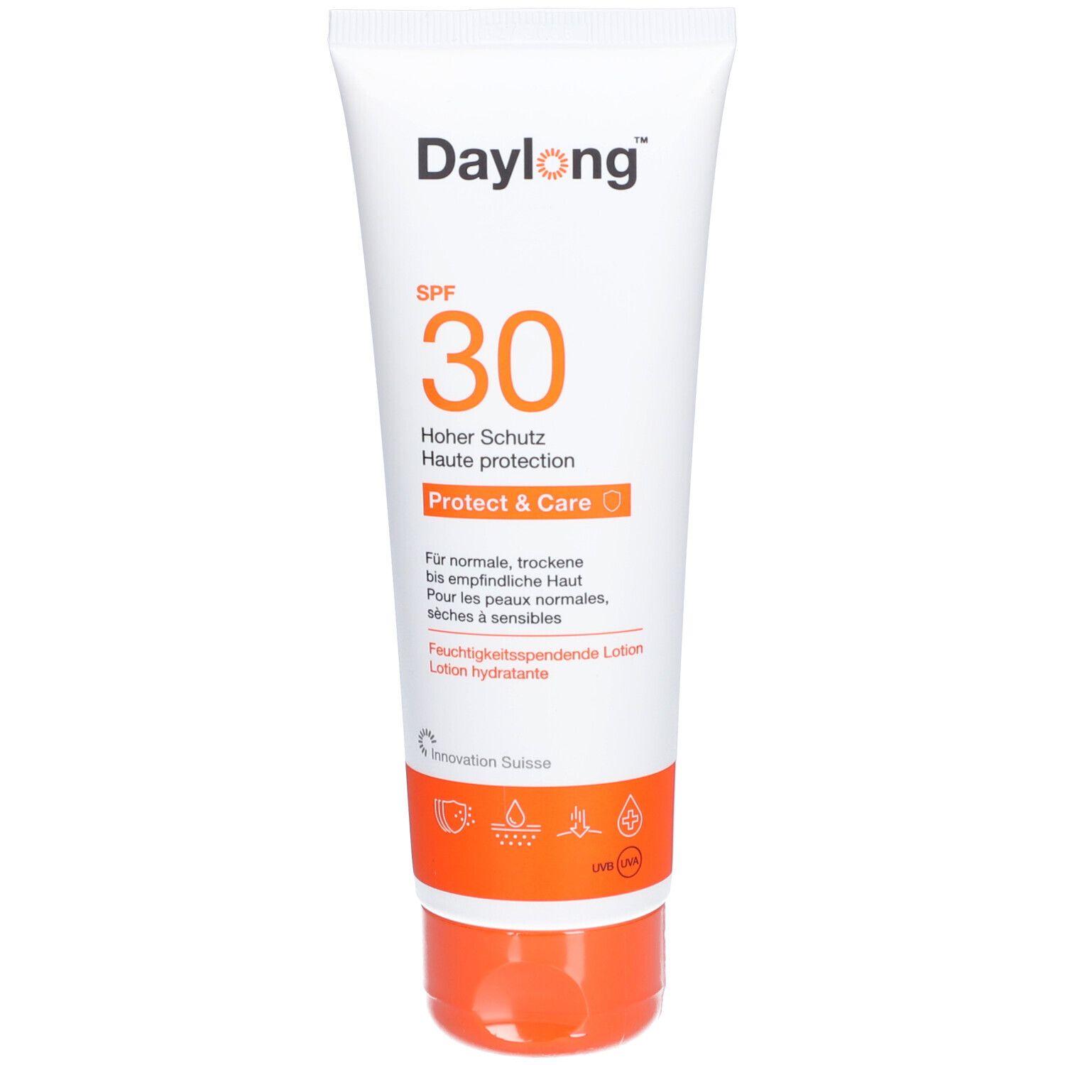 Weiße Tube mit orangefarbenem Deckel. Aufschrift: Daylong SPF 30 Protect & Care. Für normale, trockene bis empfindliche Haut.