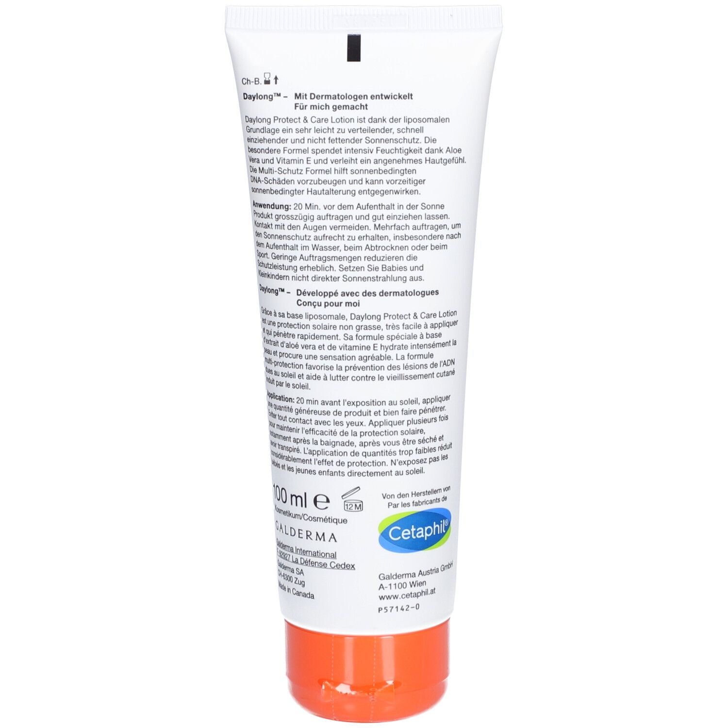 Rückseite der Tube. Text: Daylong Protect & Care Lotion. Mit Dermatologen entwickelt. Enthält Informationen zur Anwendung und Inhaltsstoffe.