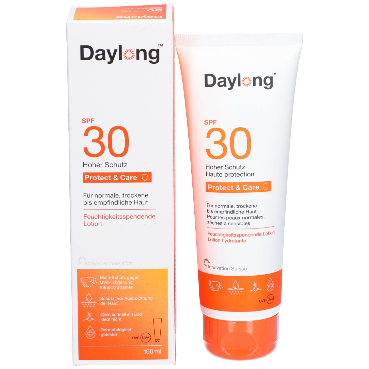 Produktverpackung und Tube. Verpackung: weiß mit orangefarbenem Akzent. Aufschrift: Daylong SPF 30 Protect & Care. Tube: weiß mit orangefarbenem Deckel.