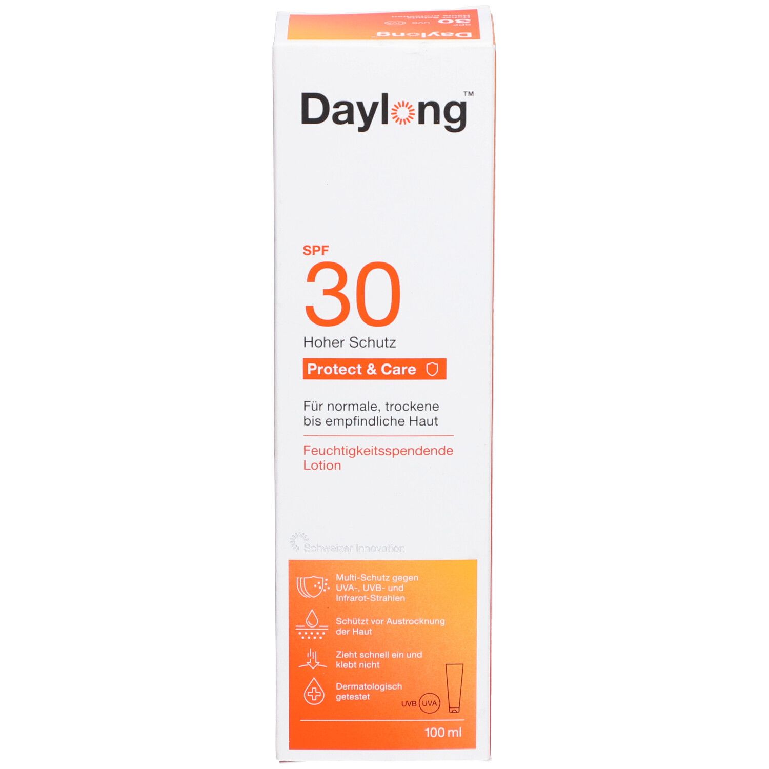 Produktverpackung. Weiß mit orangefarbenem Akzent. Aufschrift: Daylong SPF 30 Protect & Care. Für normale, trockene bis empfindliche Haut.