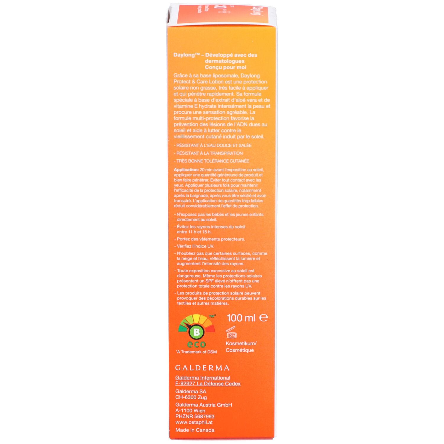 Rückseite der Produktverpackung. Text: Daylong Protect & Care Lotion. Enthält Informationen zur Anwendung, Inhaltsstoffe und Zertifizierungen.