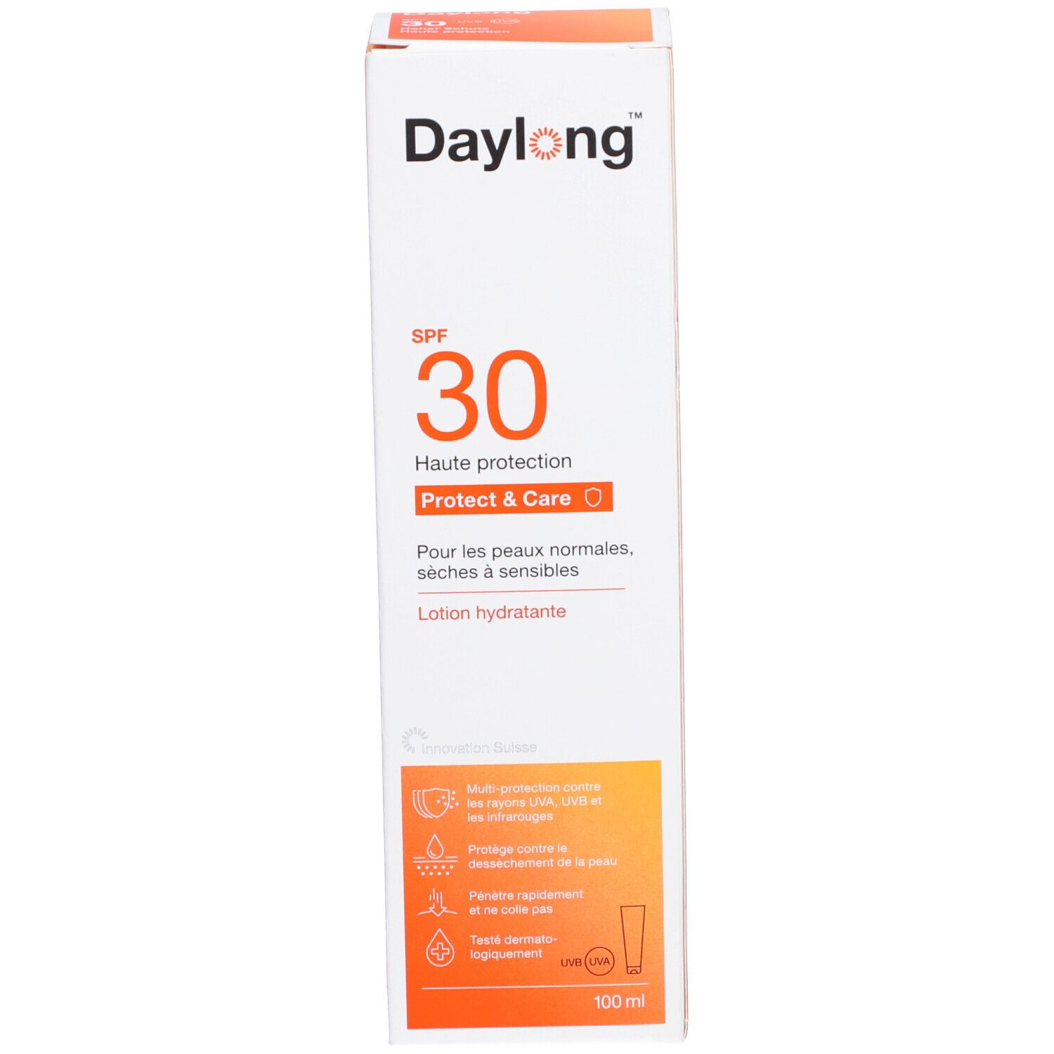 Produktverpackung. Weiß mit orangefarbenem Akzent. Aufschrift: Daylong SPF 30 Protect & Care. Für normale, trockene bis empfindliche Haut.