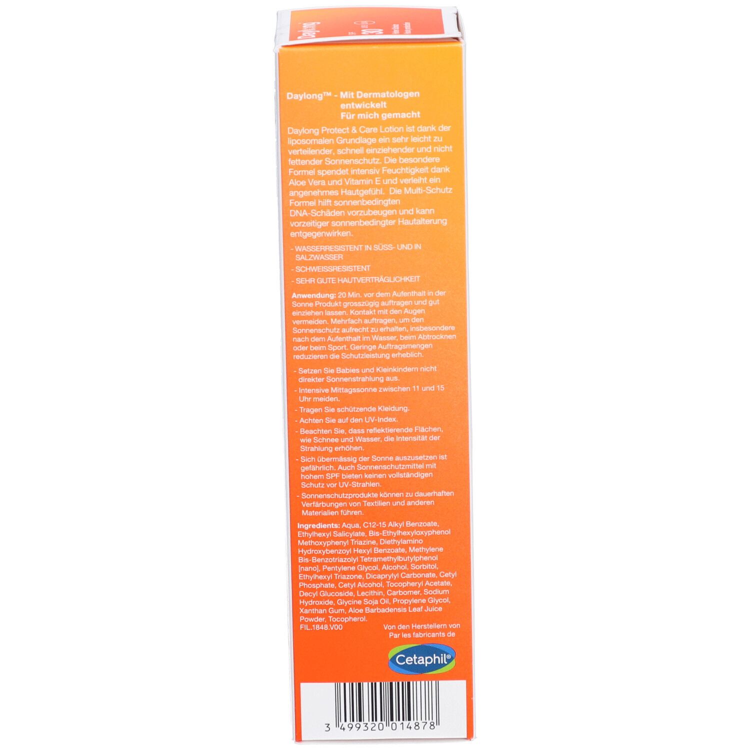 Seite der Produktverpackung. Text: Daylong Protect & Care Lotion. Enthält Informationen zu Inhaltsstoffen und Hersteller.