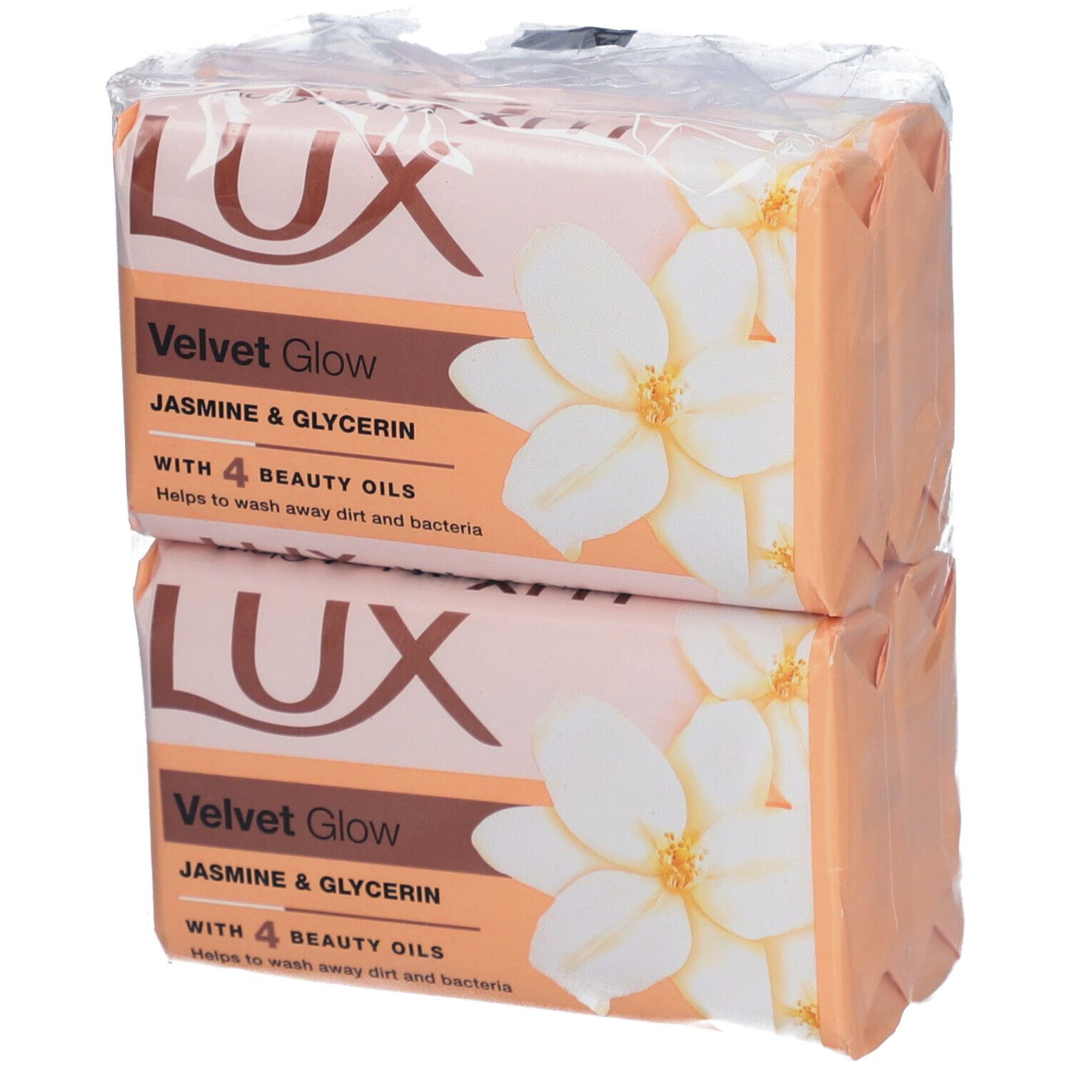 Zwei Seifenstücke in Folie verpackt. Aufschrift: LUX Velvet Glow Jasmin & Glycerin mit Blütenmotiv.