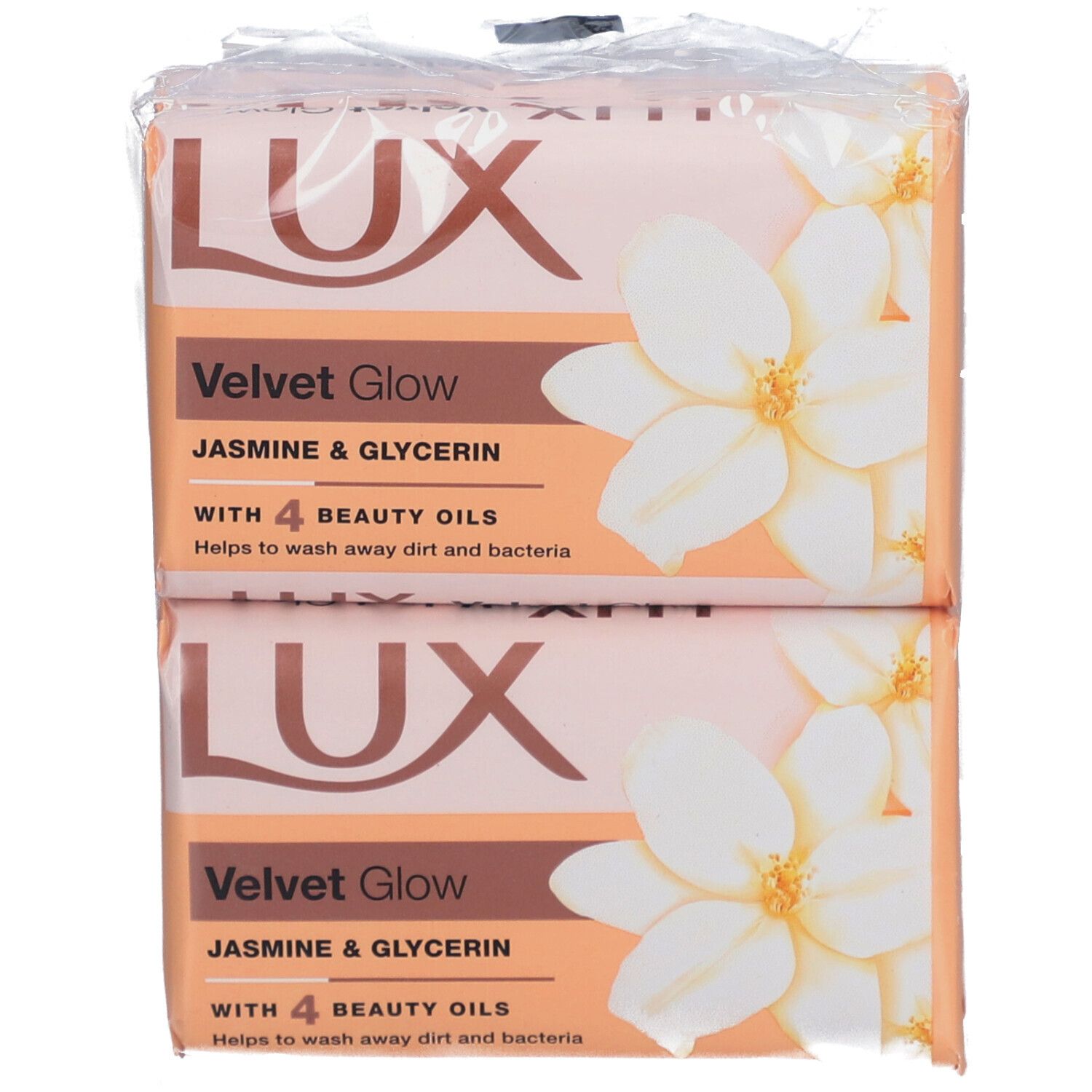 Zwei Seifenstücke in Folie verpackt. Aufschrift: LUX Velvet Glow Jasmin & Glycerin mit Blütenmotiv.