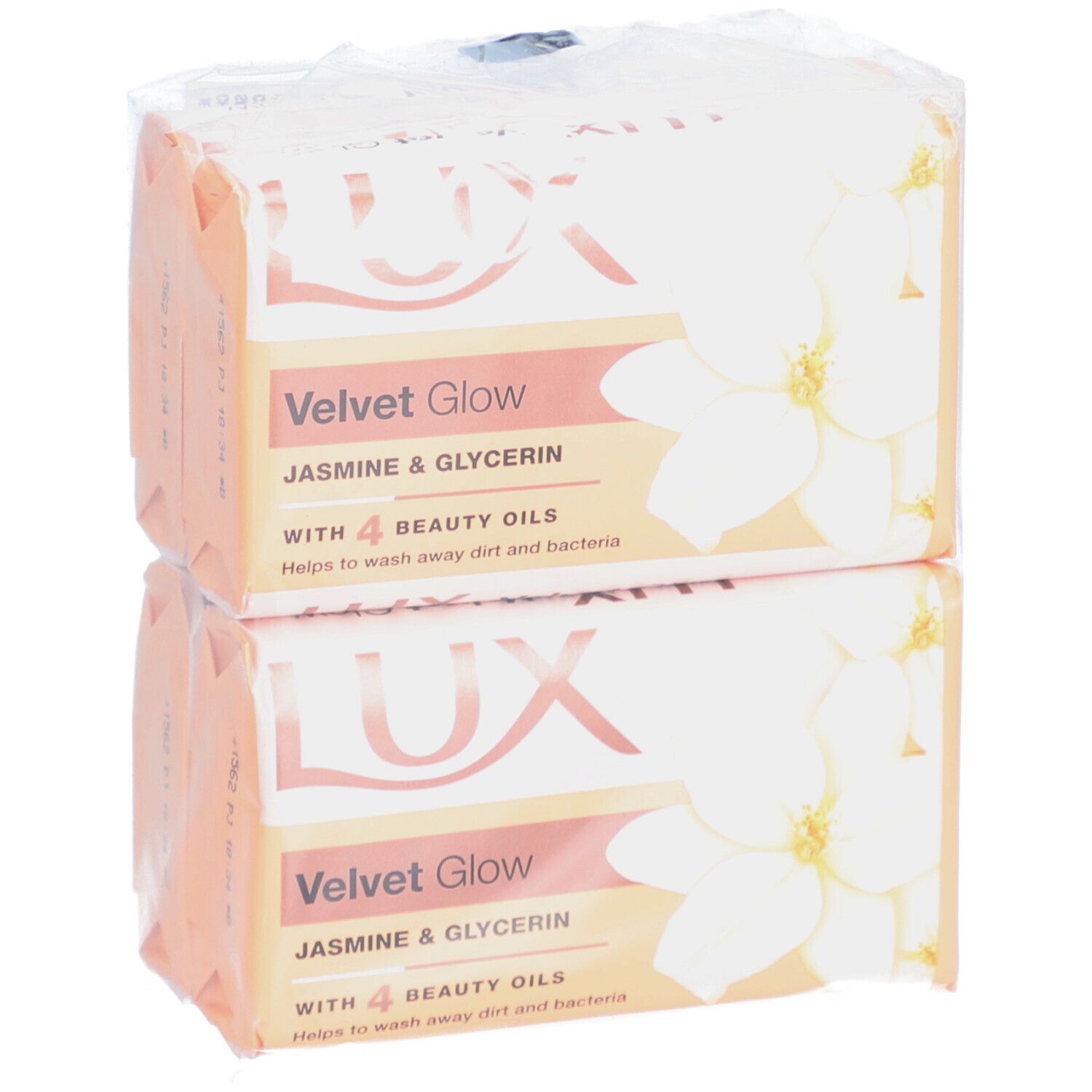Zwei Seifenstücke in Folie verpackt. Aufschrift: LUX Velvet Glow Jasmin & Glycerin mit Blütenmotiv.